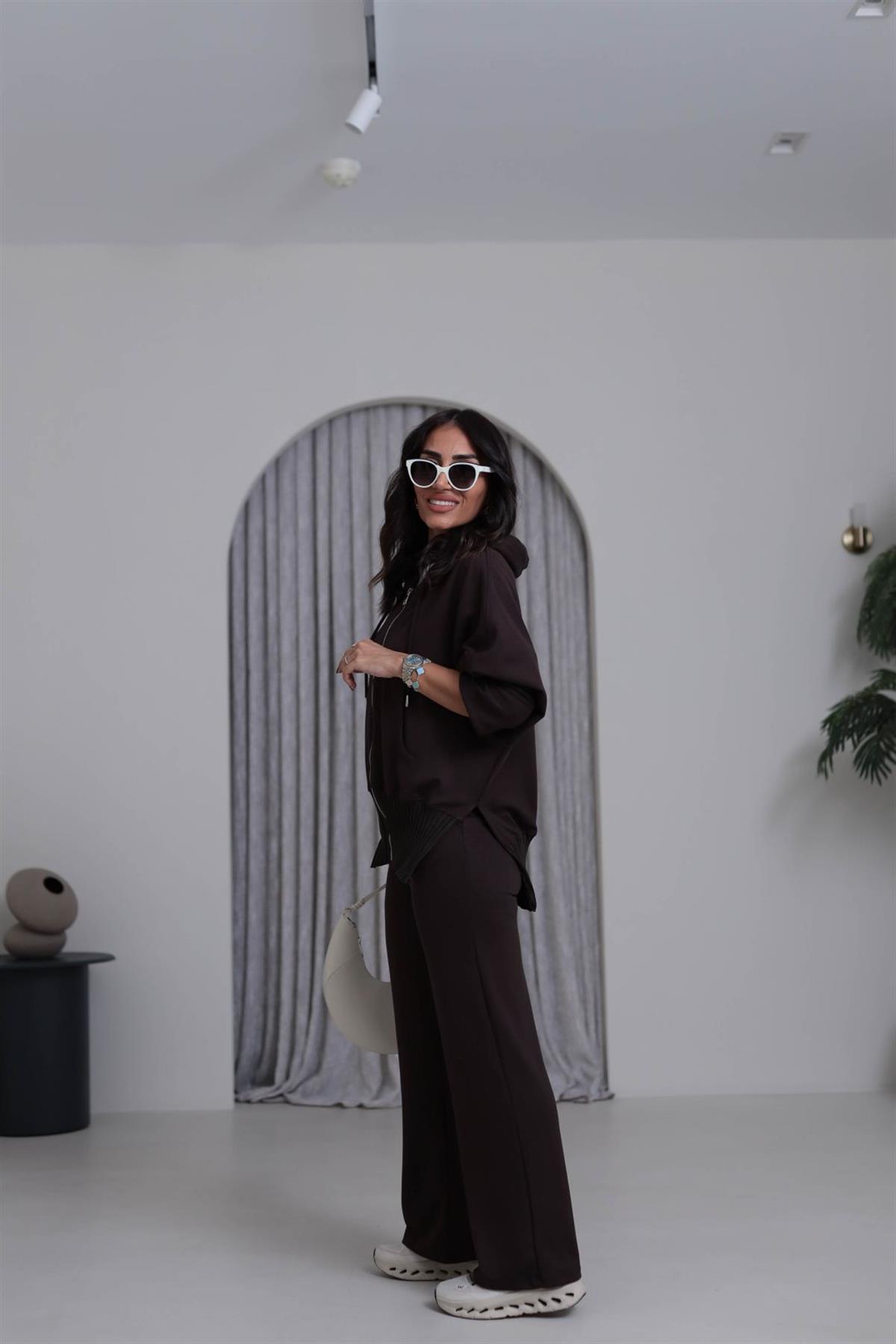 4038 Ribana Detay Fermuarlı Takım KAHVE