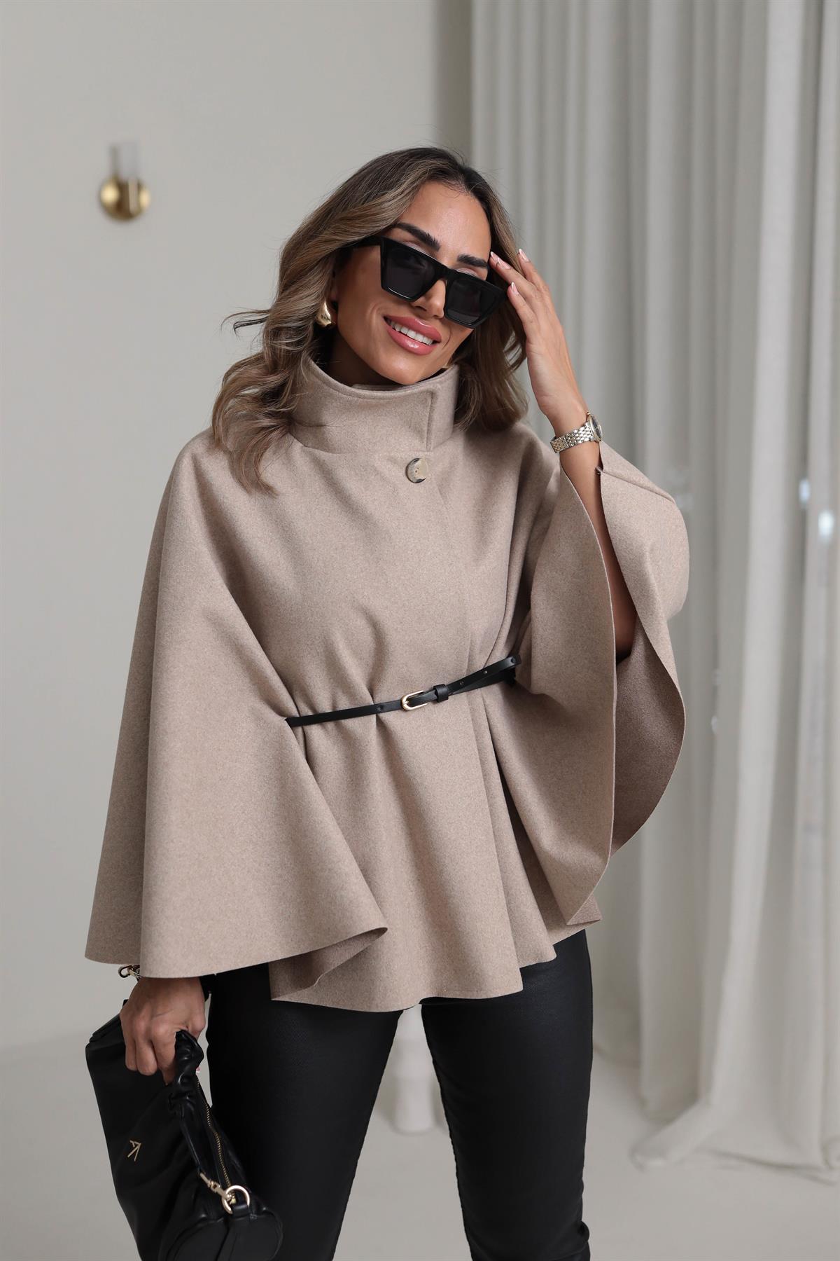 80167 Kemerli Dik Yaka Kaşe Panço BEJ