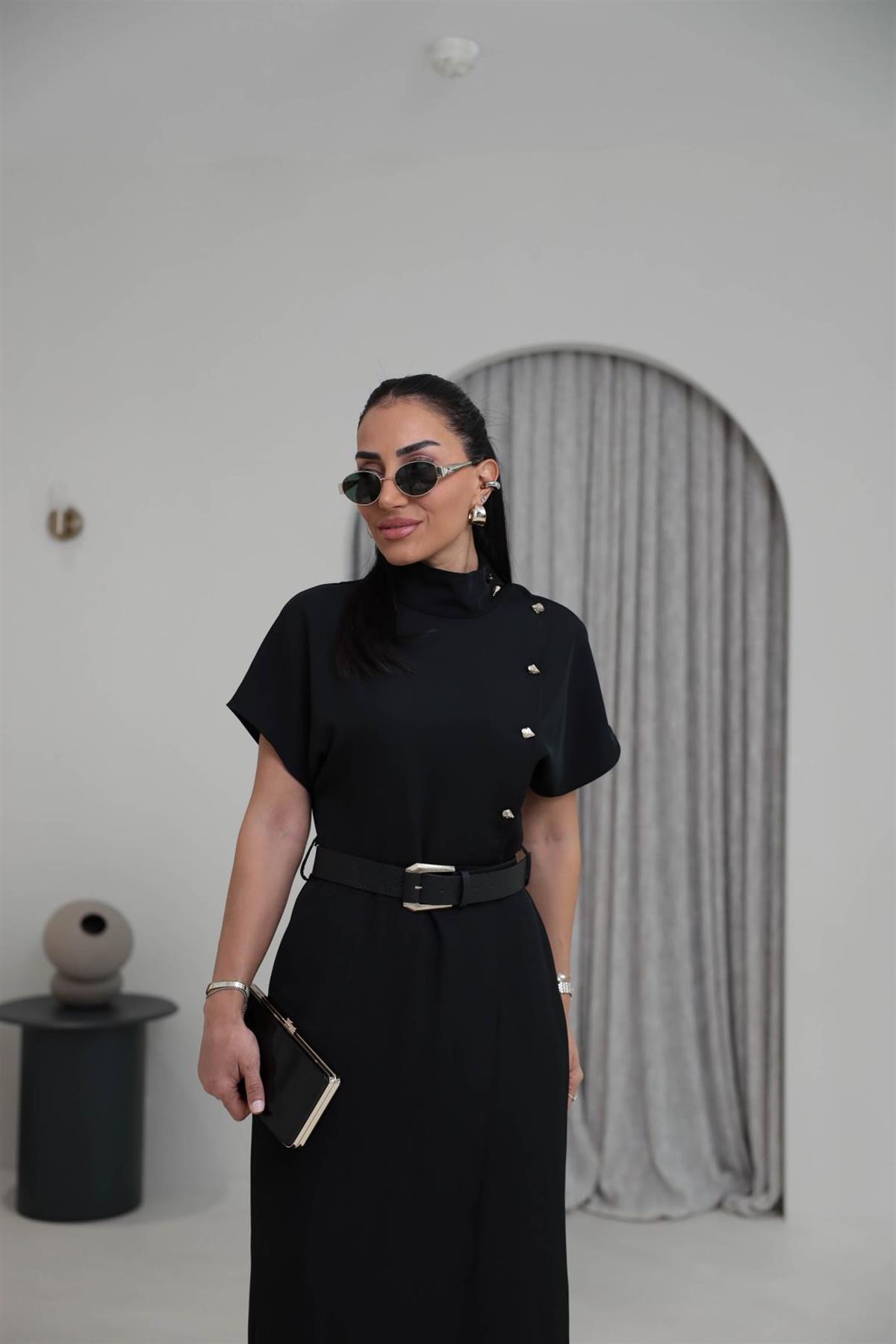 7045 Hakim Yaka Düğme Ve Kemerli Linda Elbise SİYAH