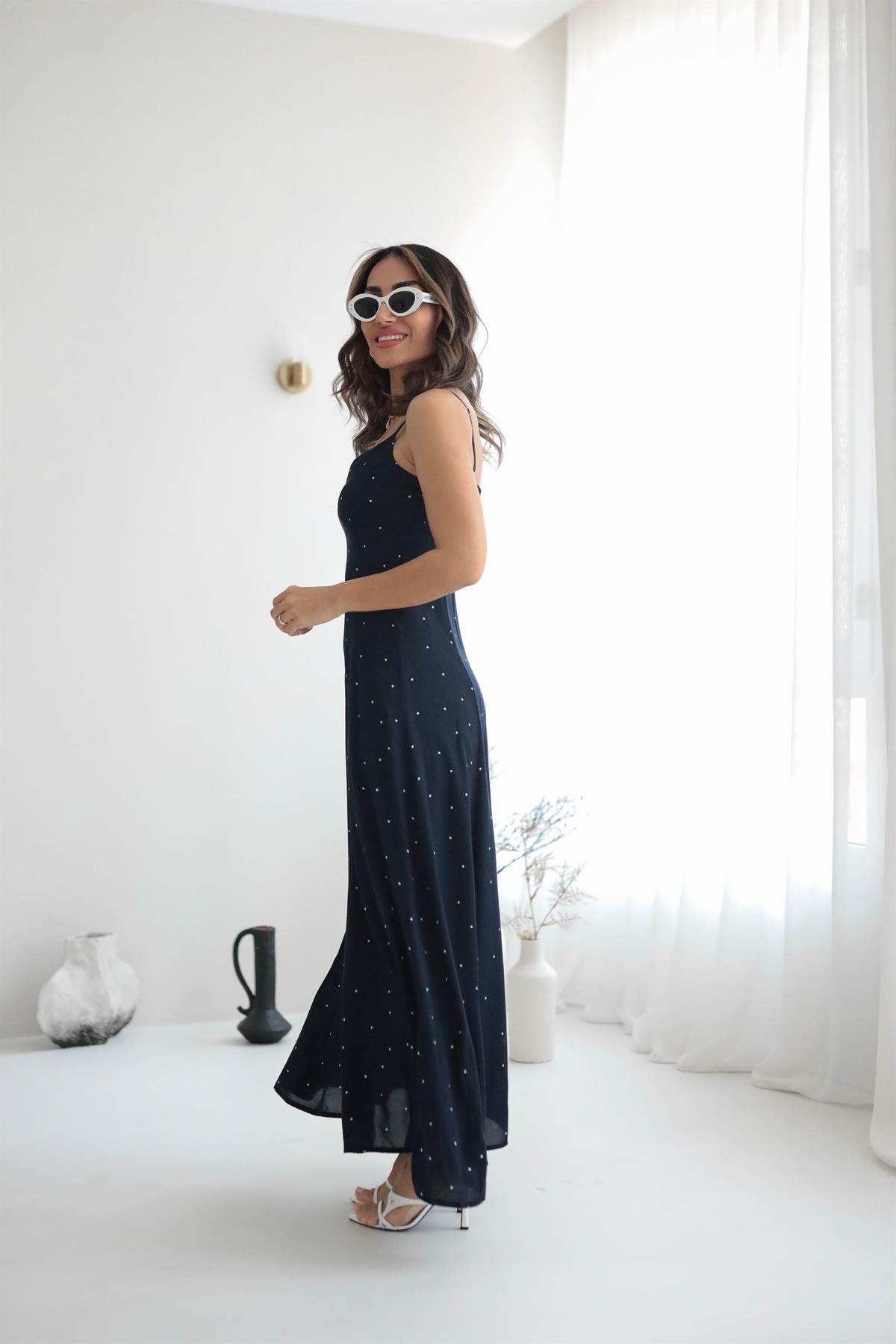 3505 İp Askılı Puantiyeli Elbise