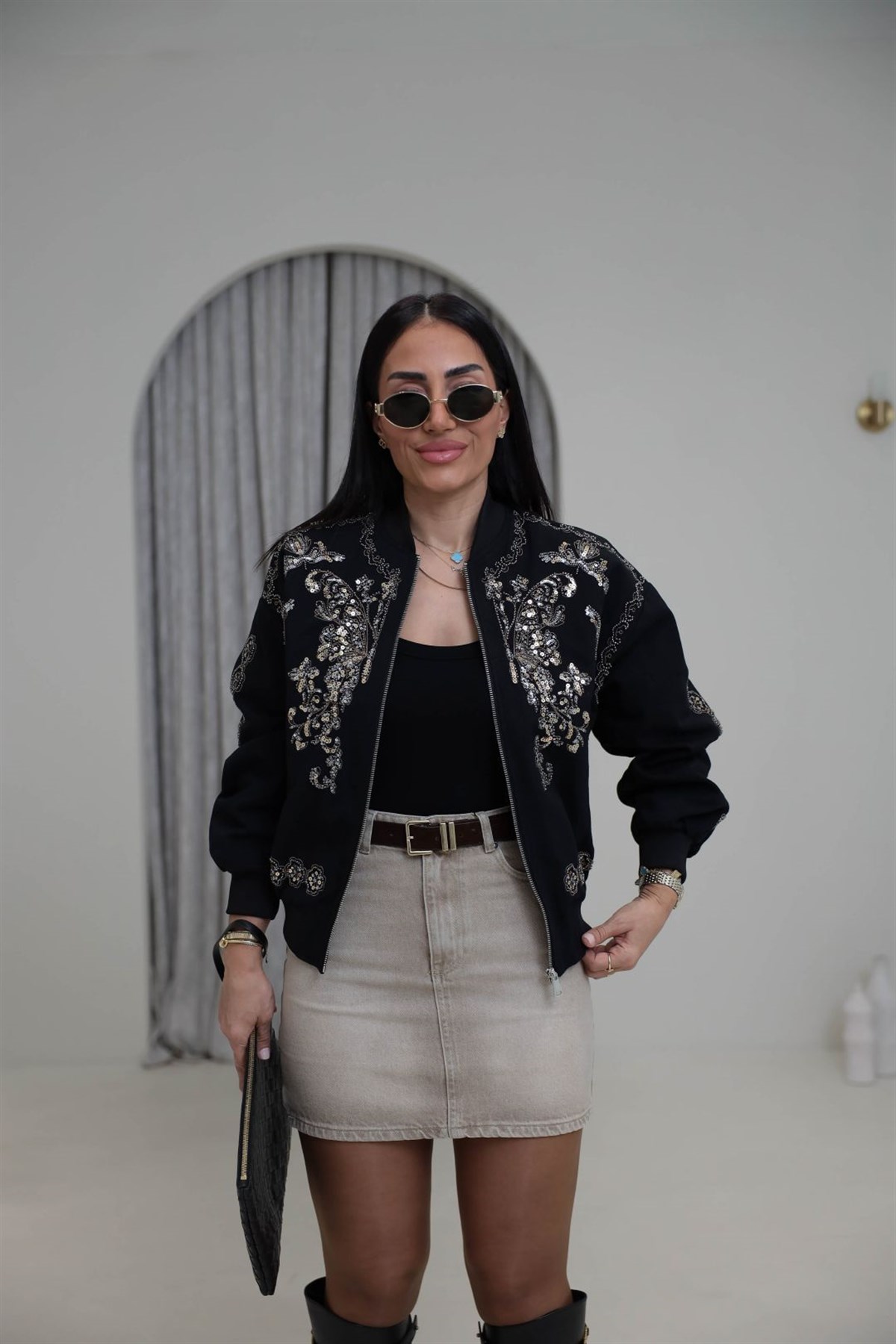 9928 Pul ve Boncuk İşlemeli Bomber Ceket SİYAH