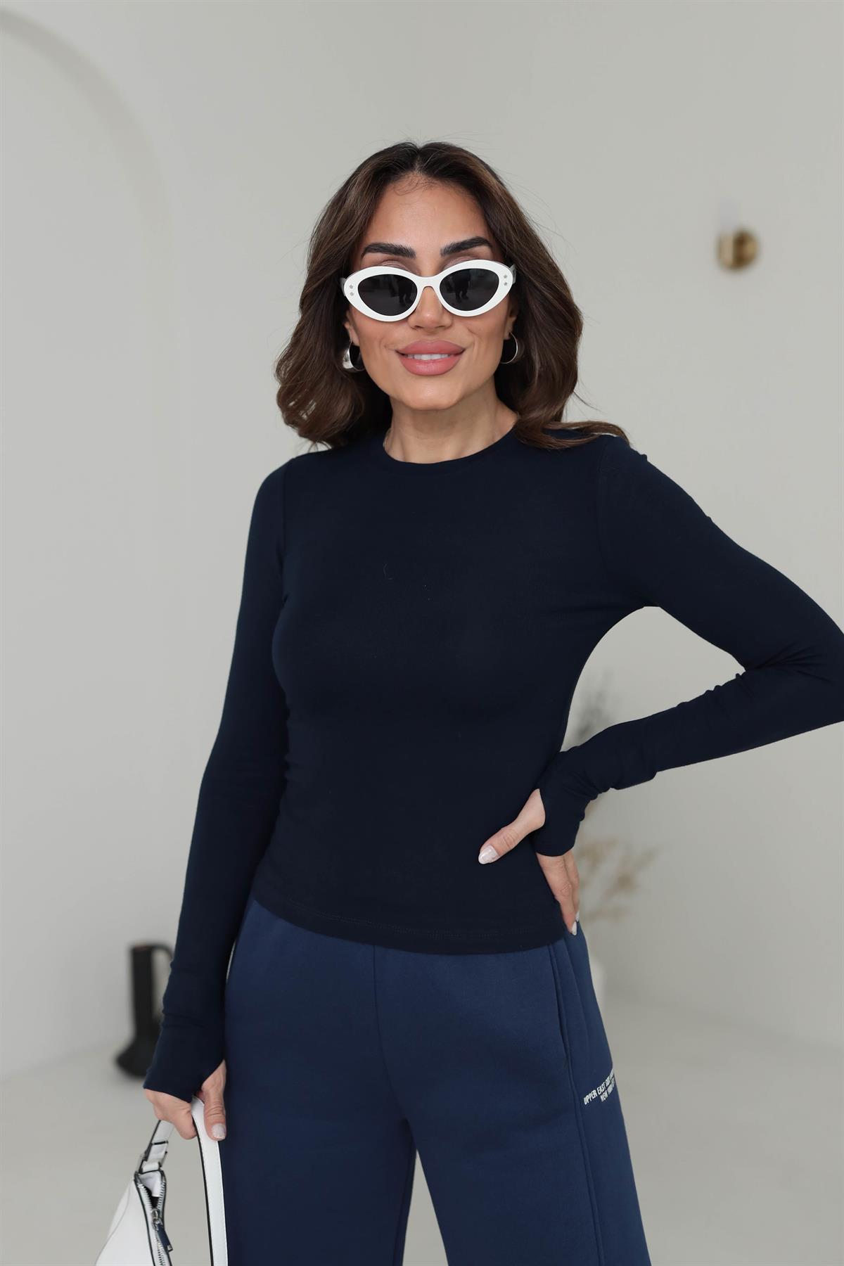 5068 Yumuşak Doku Parmak Geçmeli Bluz LACİVERT