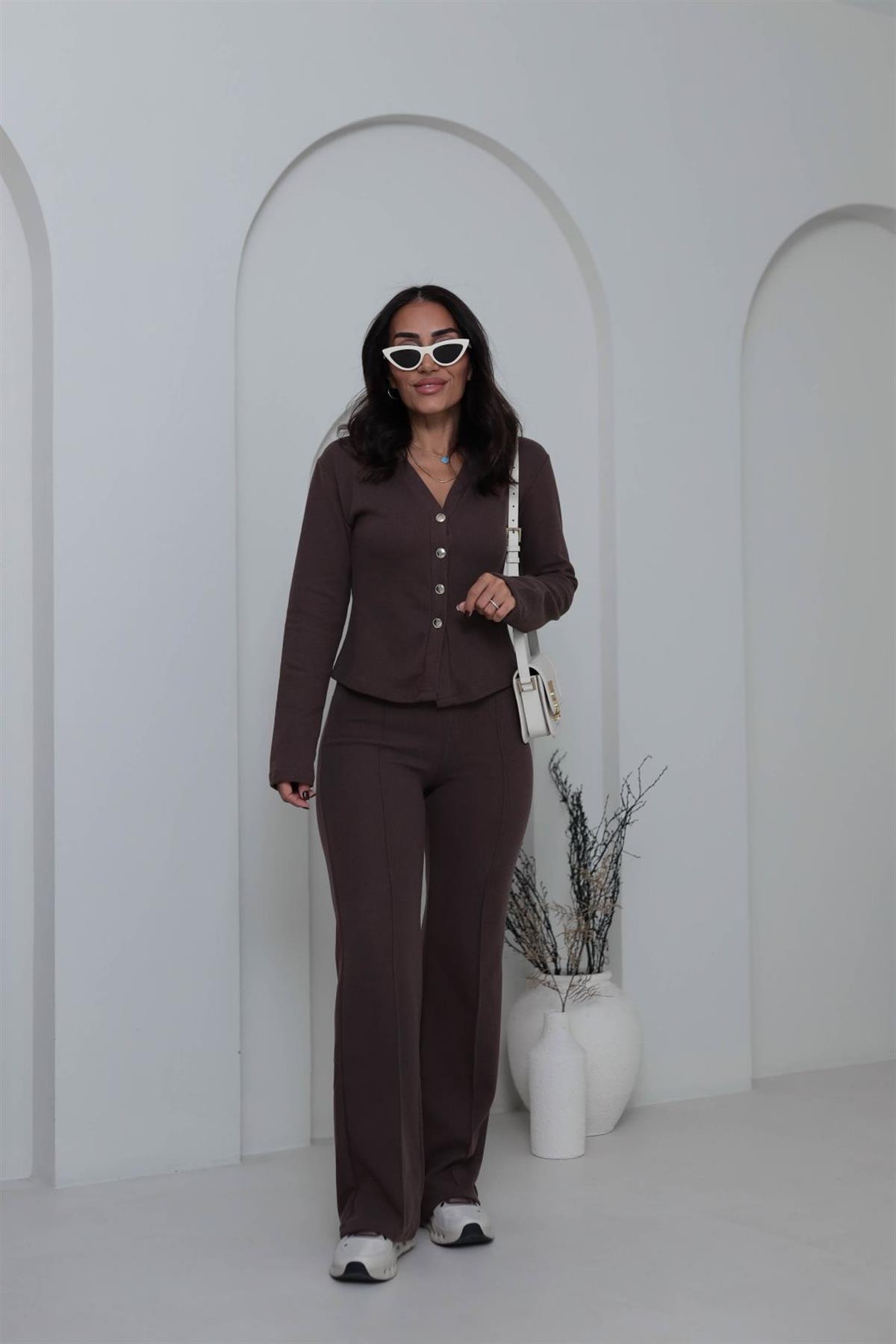 Gold Düğmeli V Yaka Selanik Hırka Takım KAHVE