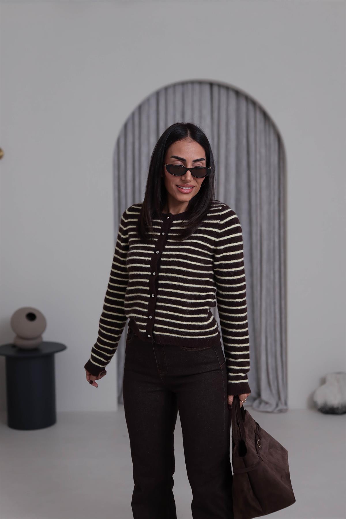 4870 Çizgili Şardonlu Bisiklet Yaka Hırka KAHVE