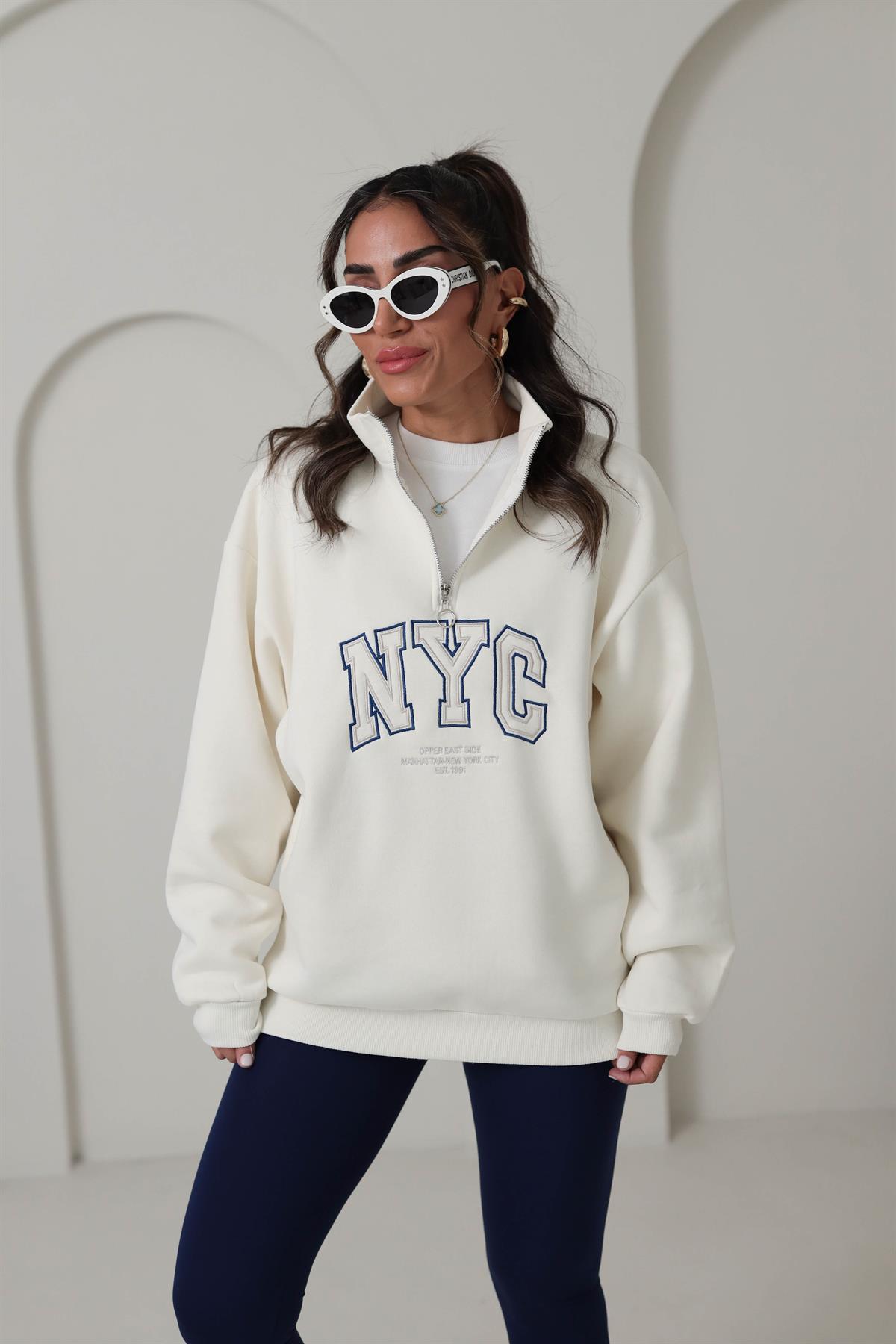 5002 Yarı Fermuarlı Baskılı Sweatshirt