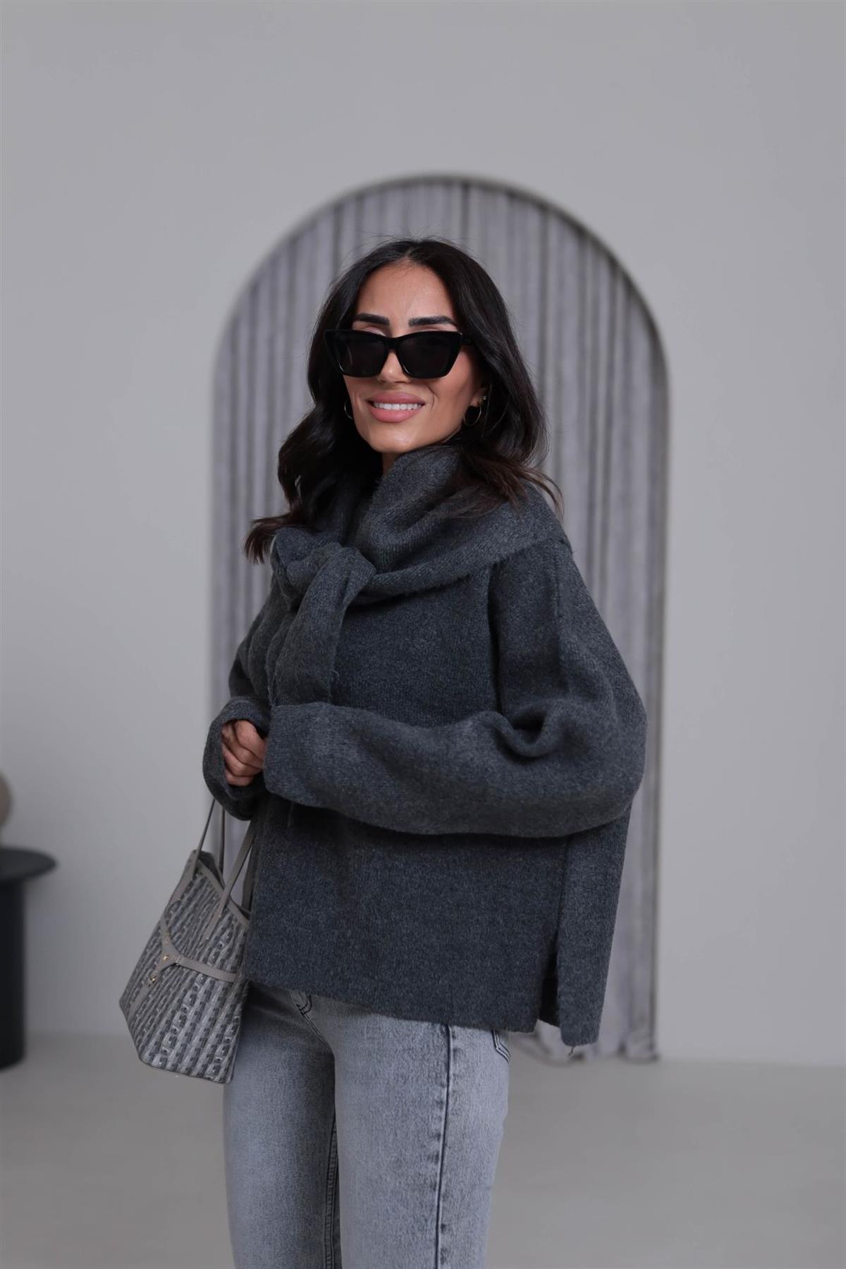 2567 Bisiklet Yaka Şal Detaylı Triko Kazak ANTRASİT