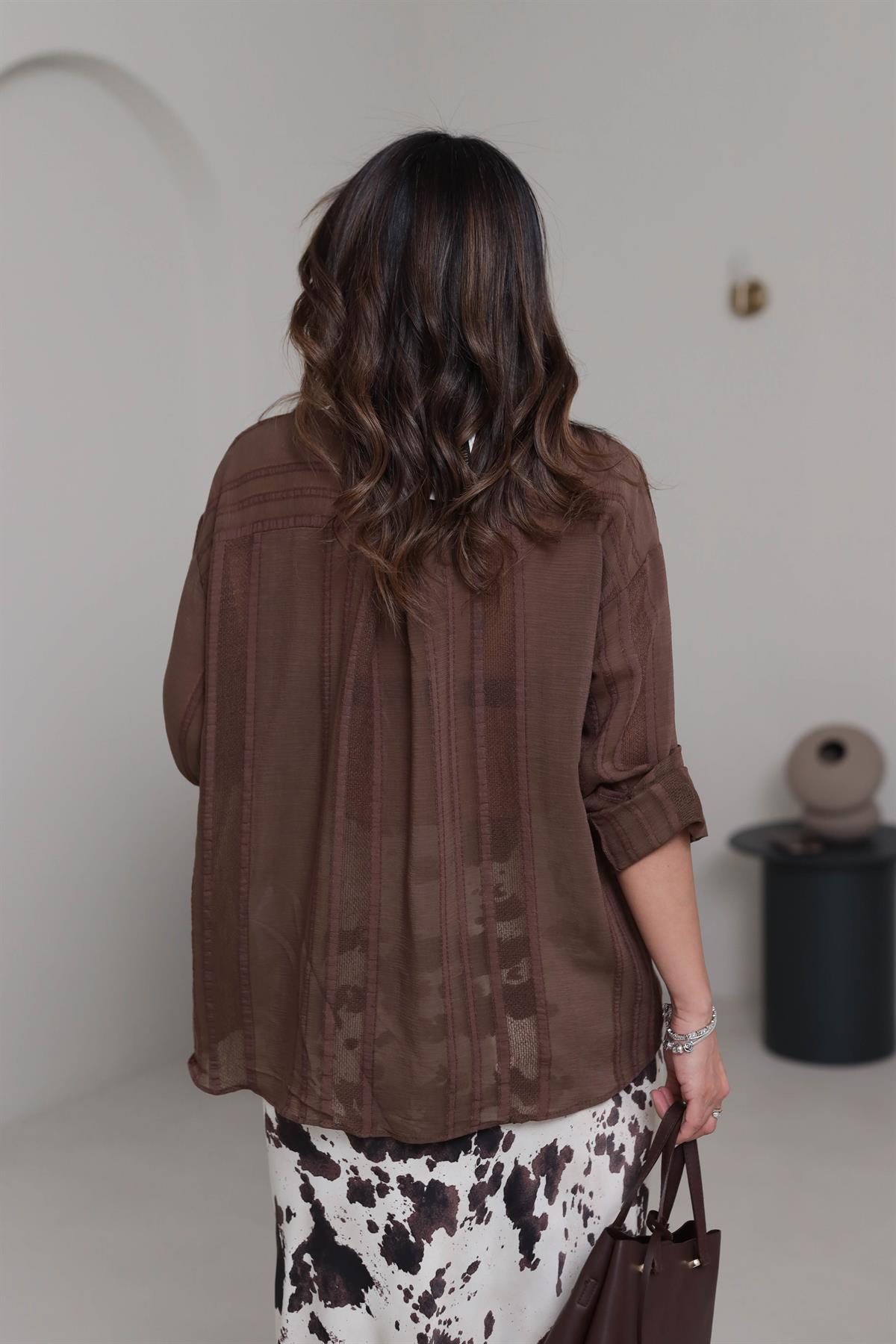 4914 Transparan Detaylı Oversize Gömlek KAHVE