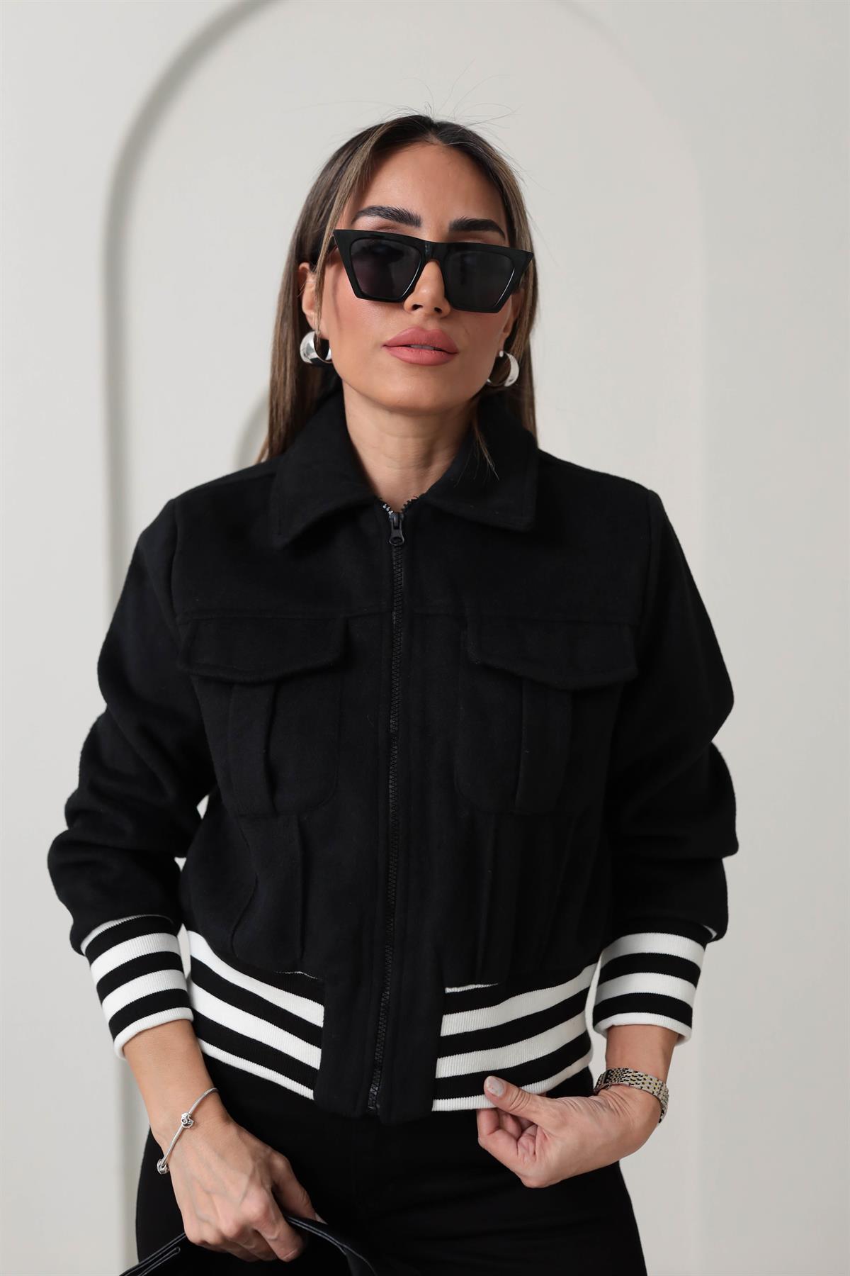 3615 Siyah Beyaz Ribanalı Kaşe Bomber SİYAH