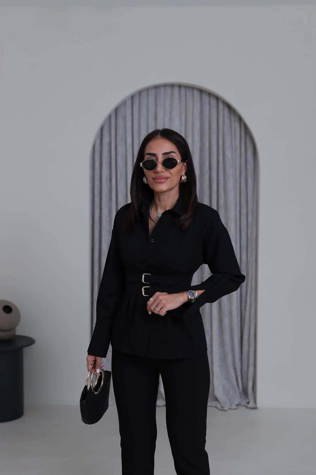 0867 Kol Manşetli Kemer Detaylı Gömlek SİYAH