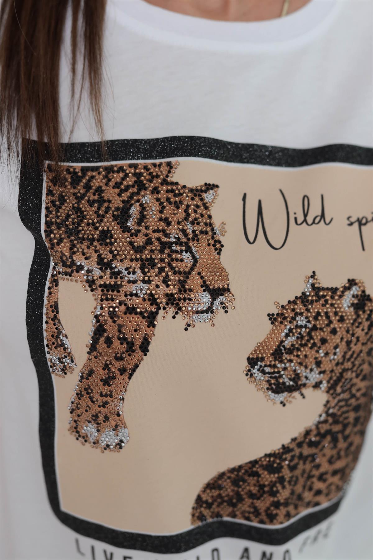 7068 Kaplan Baskılı Taşlı Pamuklu Tshirt BEYAZ