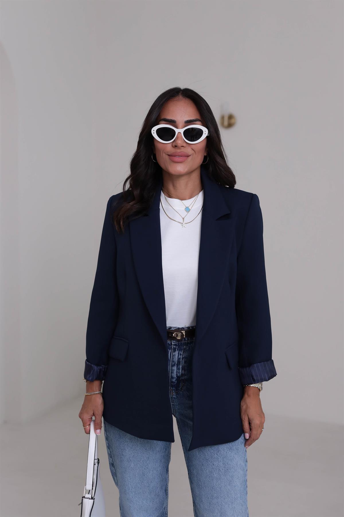 7560 Kol Katlamalı Cep Detaylı Astarlı Ceket LACİVERT