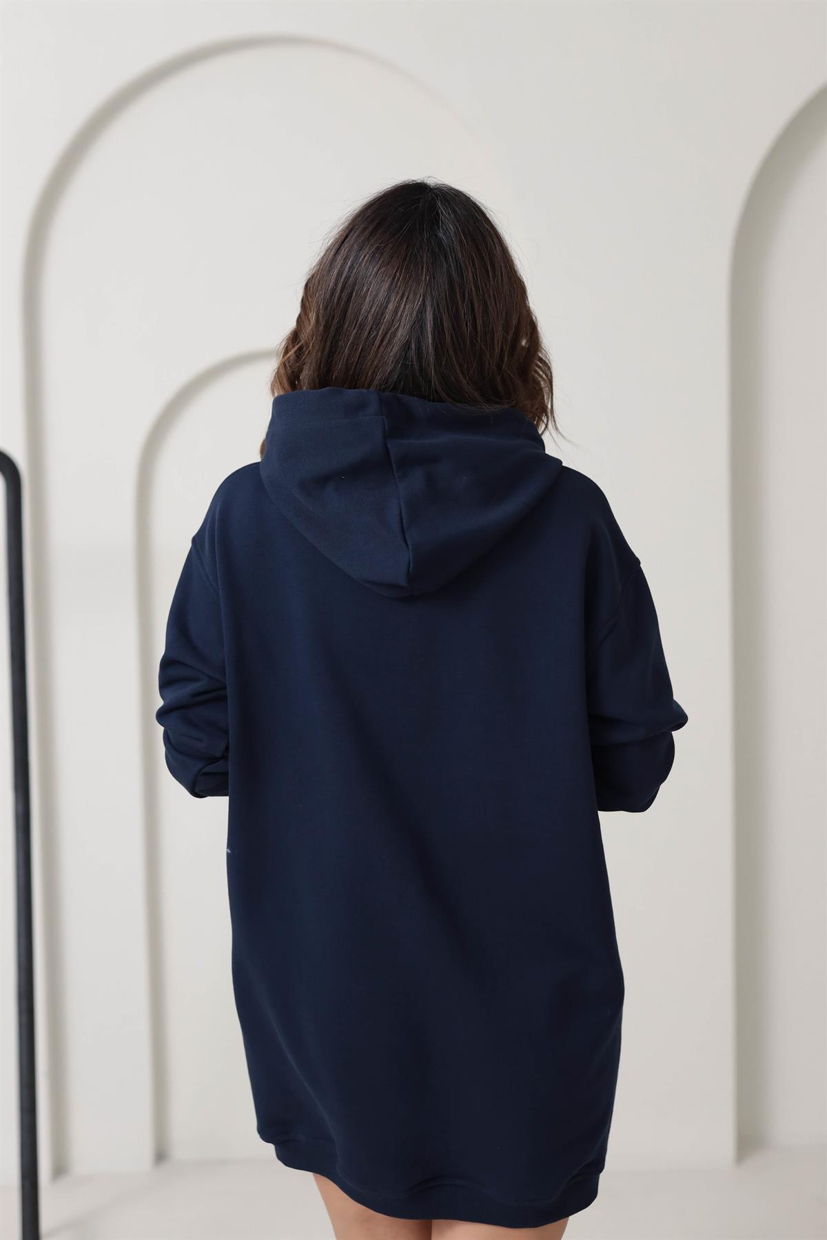 1231 Kapşonlu Sweat Elbise LACİVERT