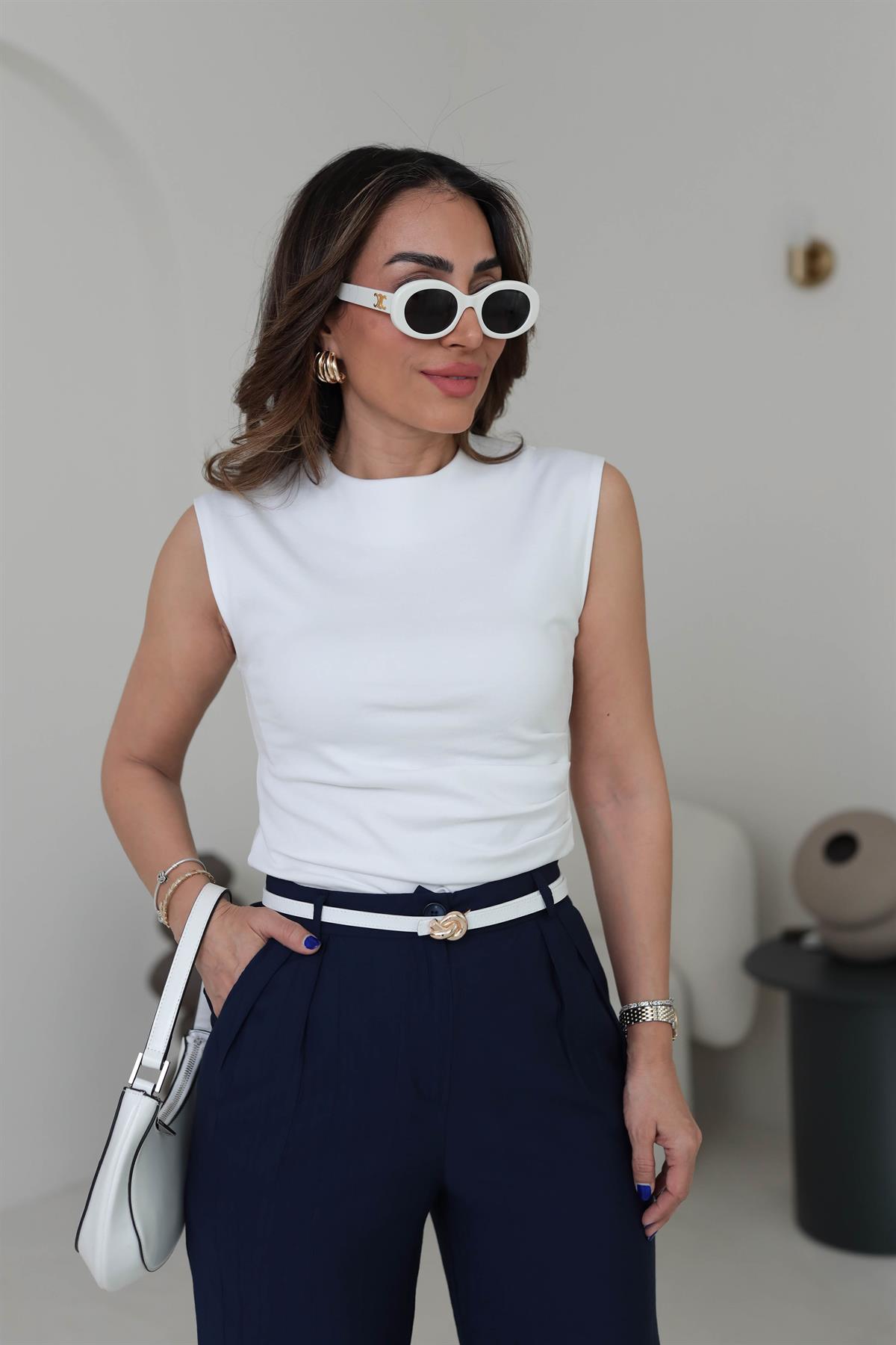 6112 Yan Drapeli Kolsuz Pamuklu Bluz EKRU