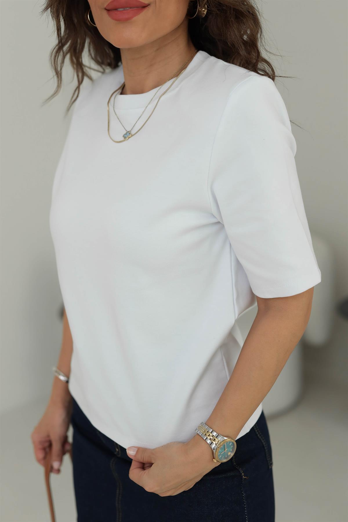 1134 Vatkalı Kalın Dokulu Tshirt BEYAZ