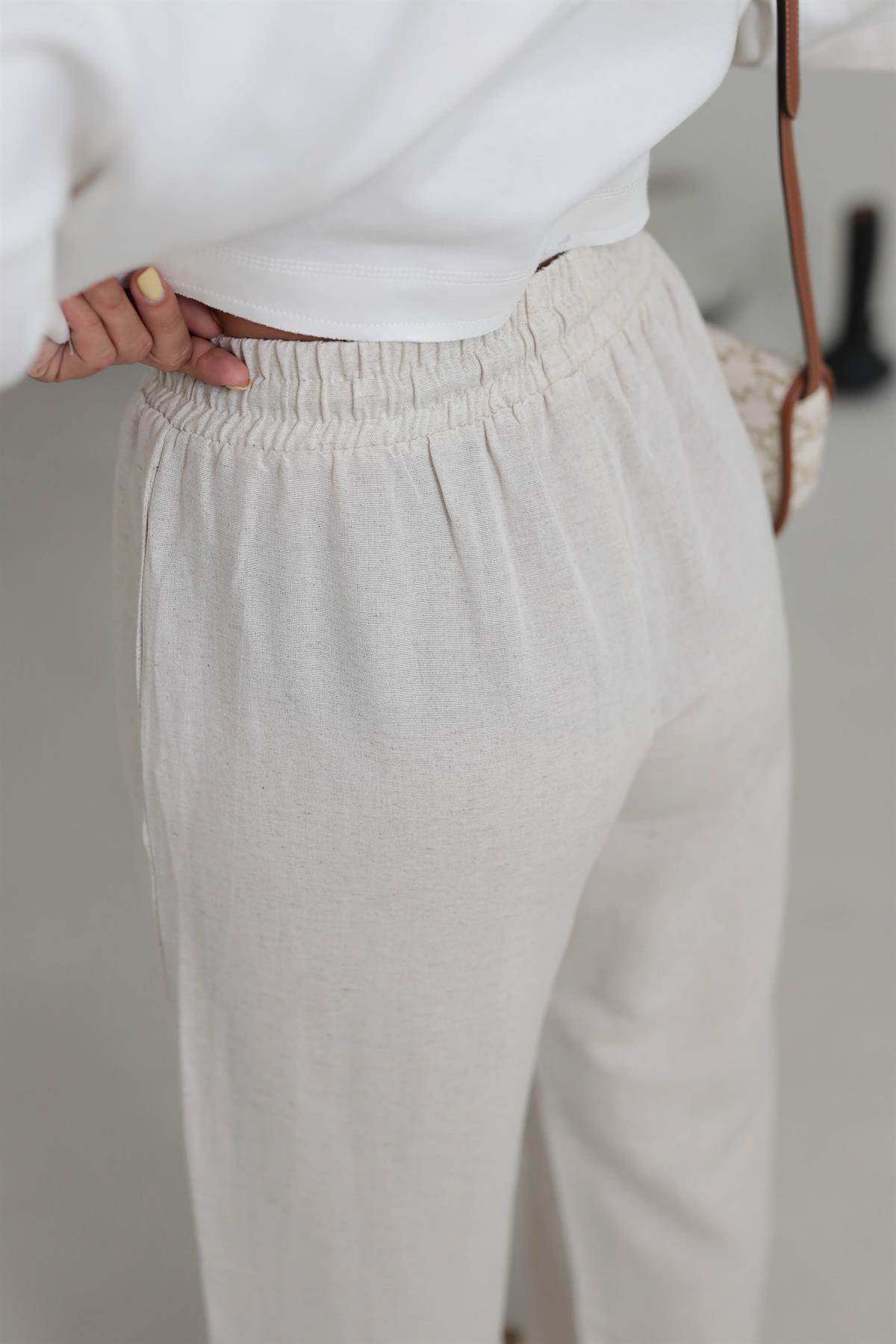 0298 Bel Lastikli Keten Rahat Pantolon NATURAL