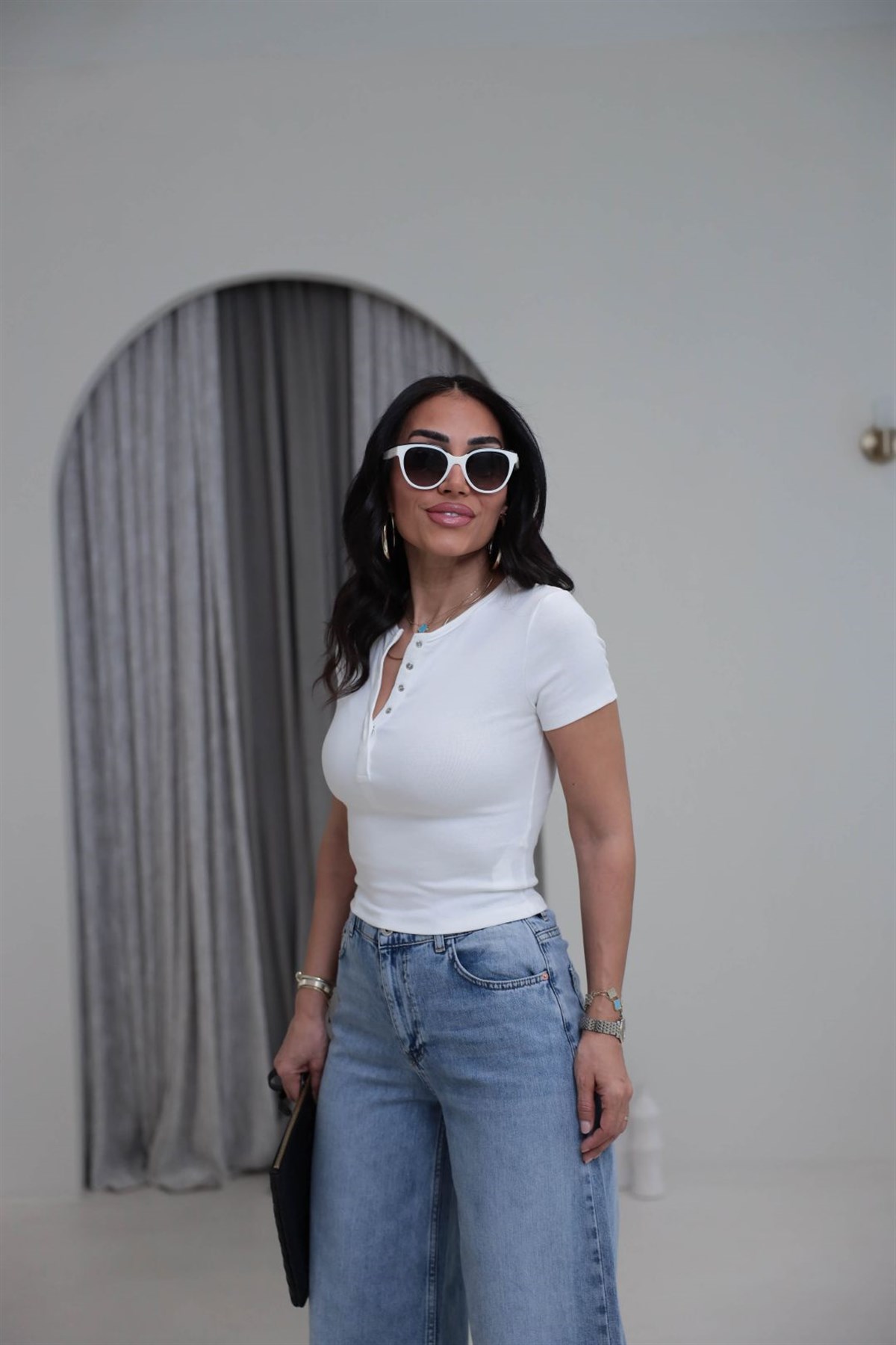 1704 Çıtçıt Düğmeli Kısa Kol Modal Tshirt EKRU