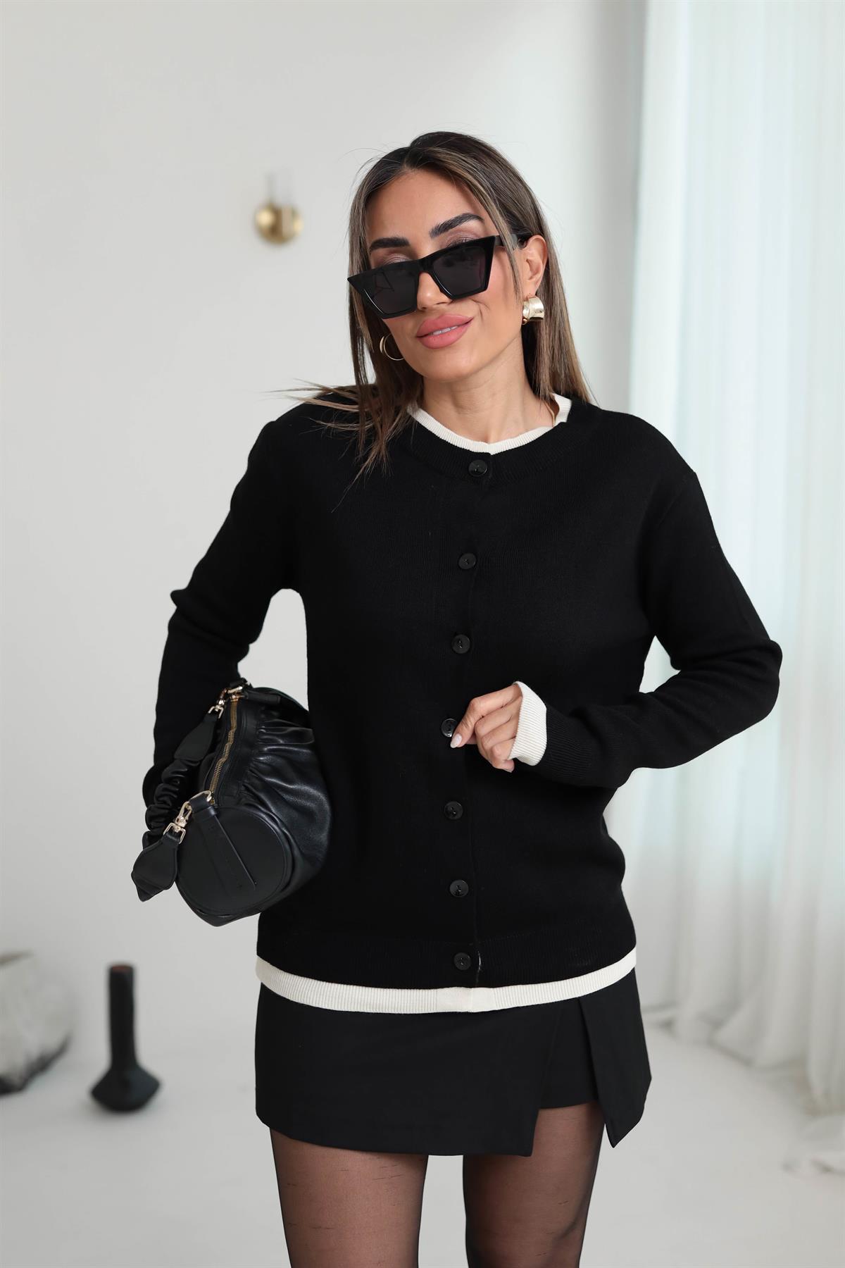 5207 Çift Yaka Düğmeli Hırka SİYAH