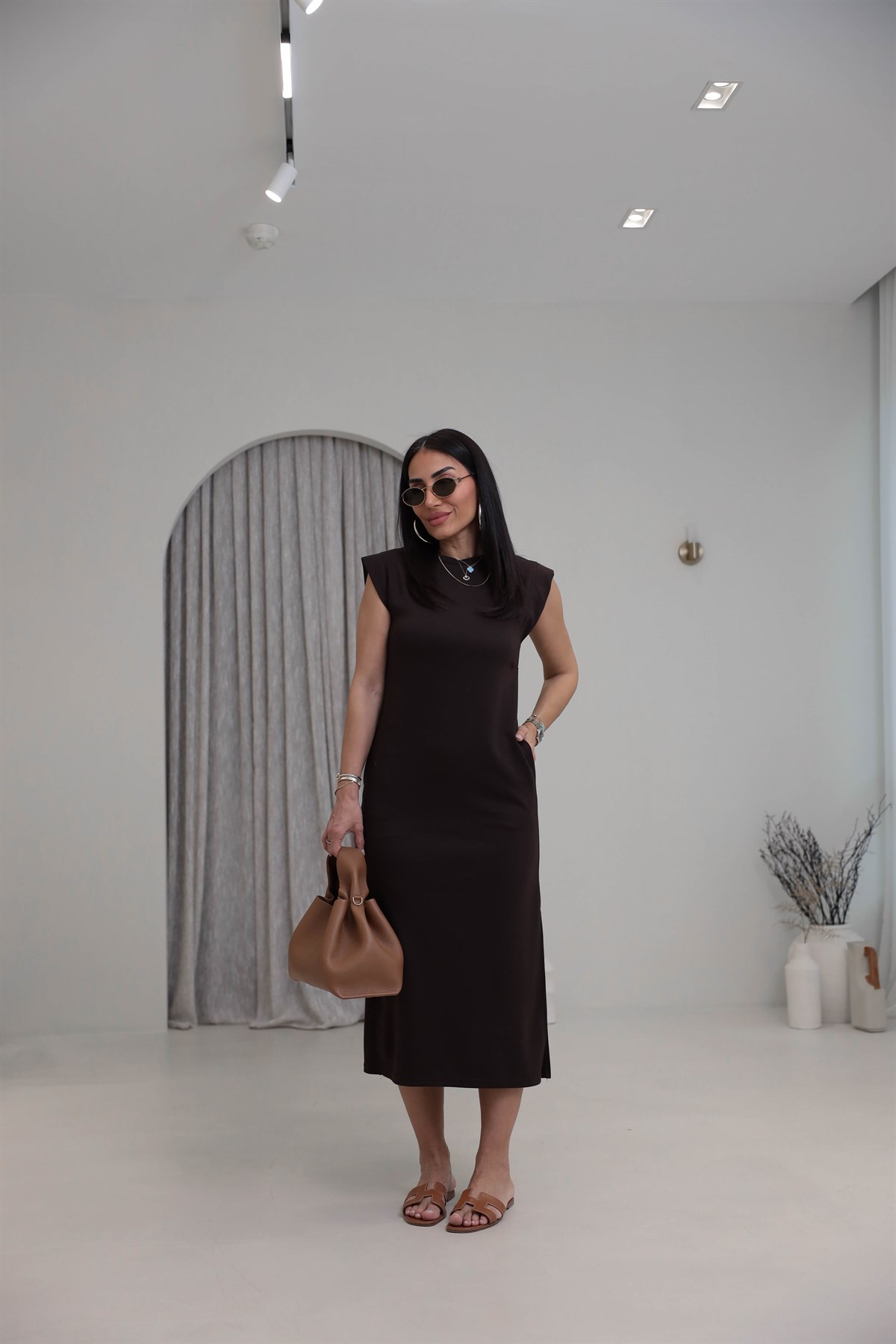 4254 Kol Detaylı Modal Rahat Elbise KAHVE