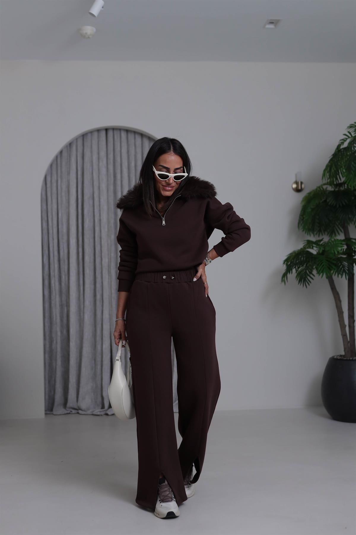 4066 Kürk Yakalı Şardonlu Takım KAHVE