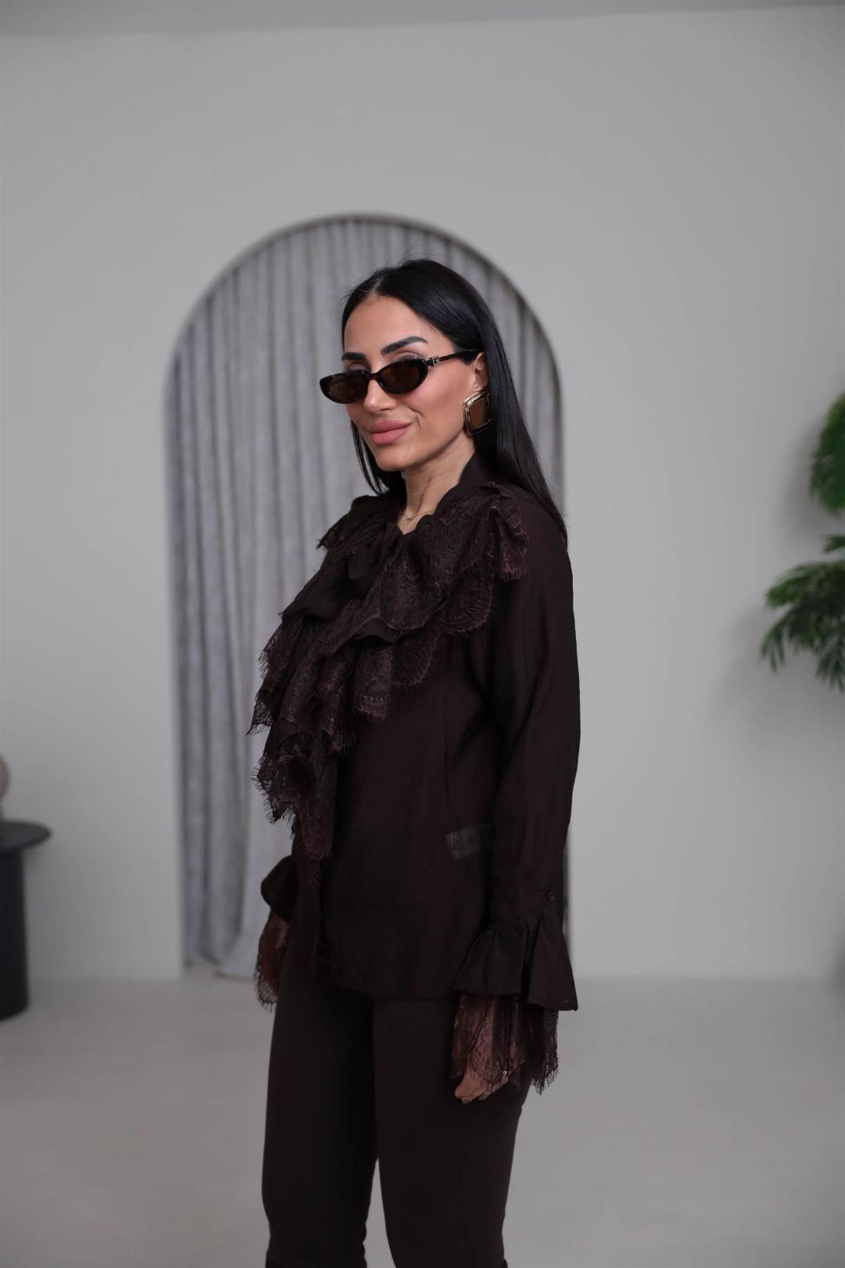 4512 Güpür Detaylı Önden Bağlamalı Gömlek ACI KAHVE