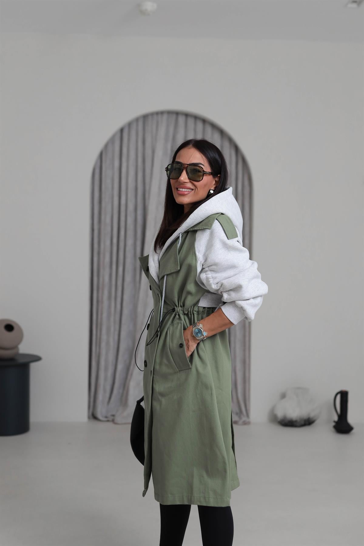 0534 Kolları Kalın Penye Garnili Trençkot HAKİ YEŞİL