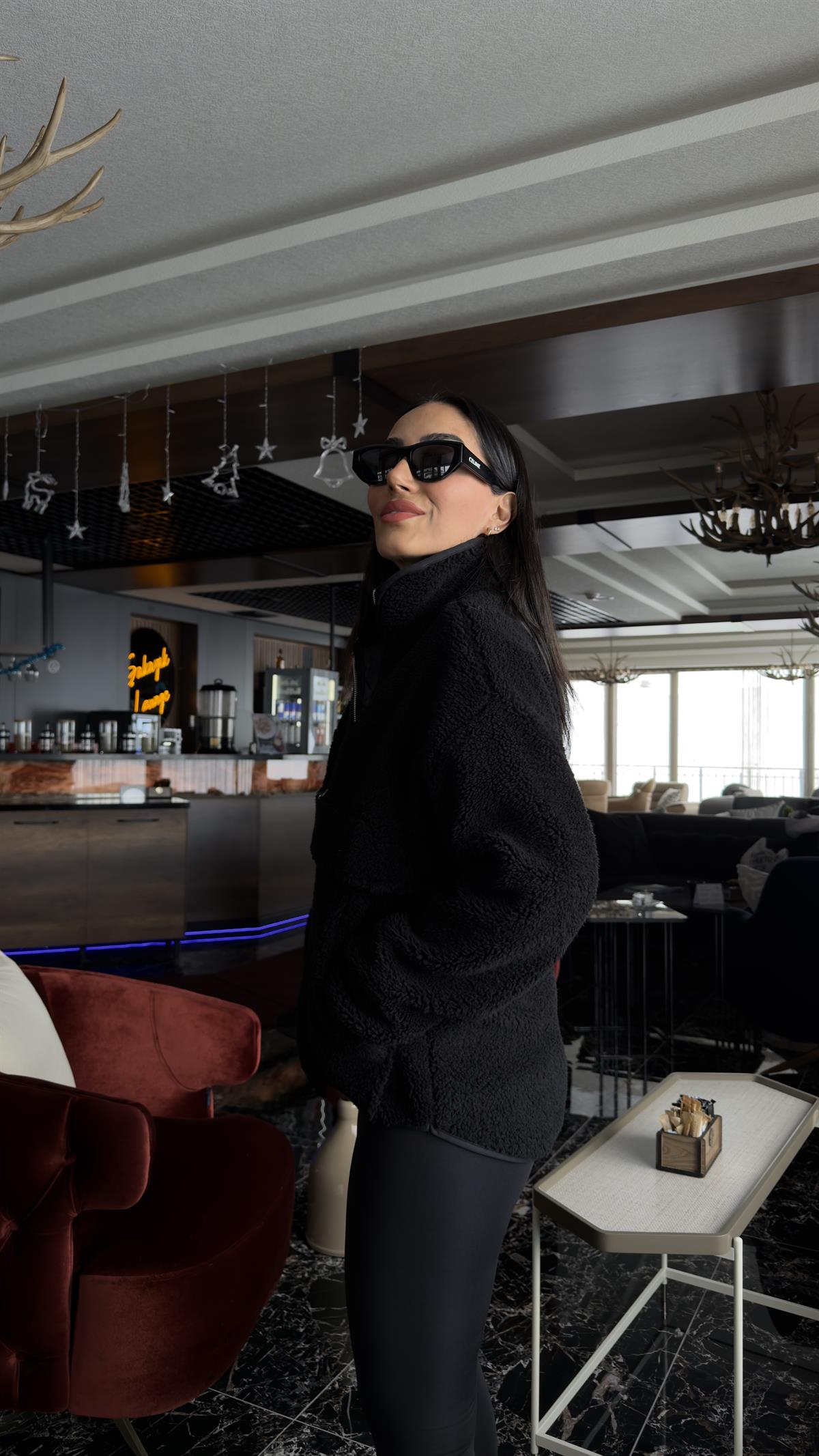 0628 Yarım Fermuarlıı Kanguru Cep Teddy Sweatshirt SİYAH