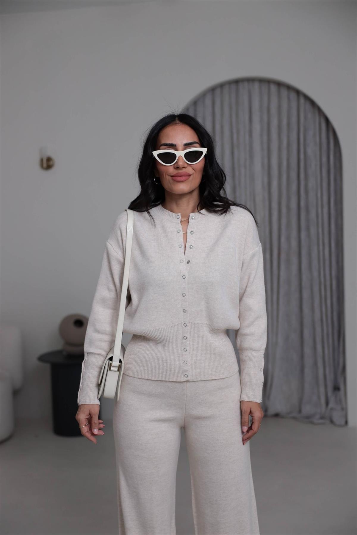 0129 Bisiklet Yaka Çıtçıt Detaylı Triko Takım TAŞ