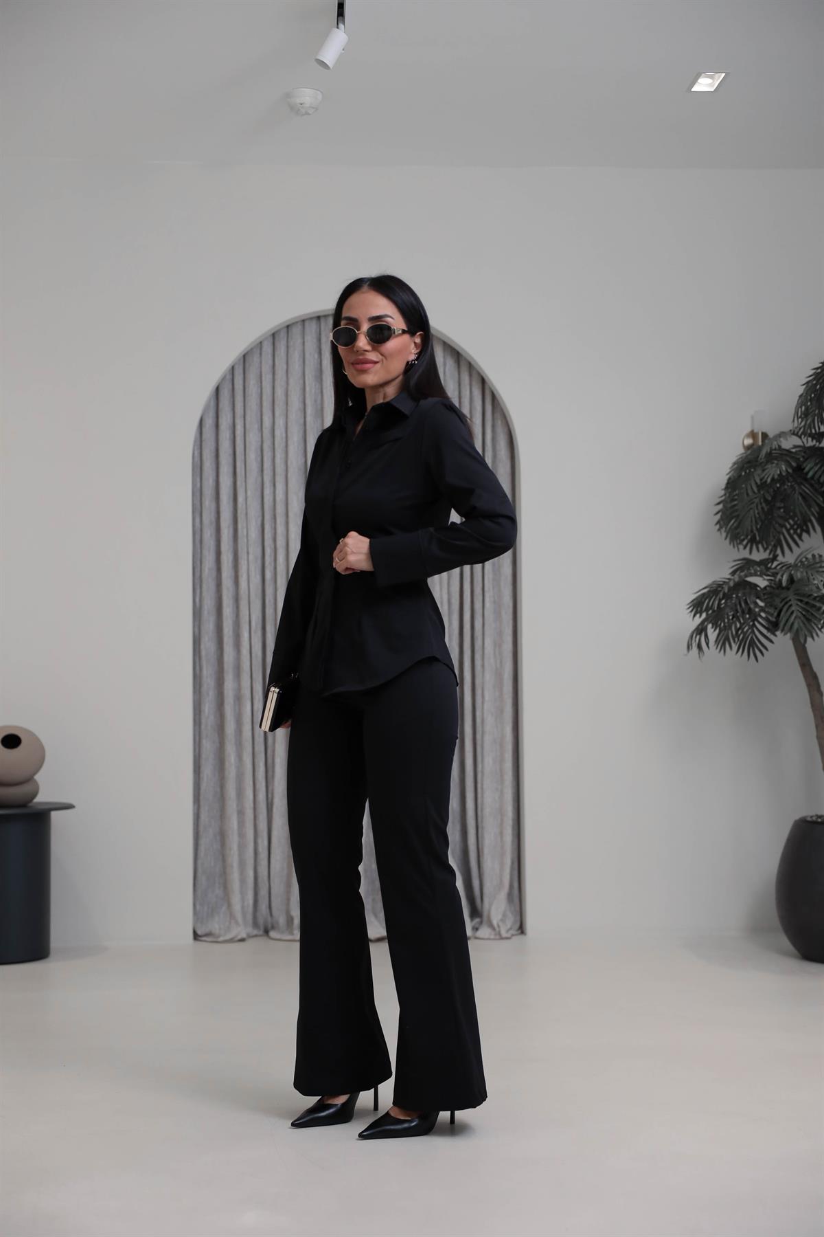 0830 Vatkalı ve Cep Detaylı Gömlek Pantolon Takım SİYAH