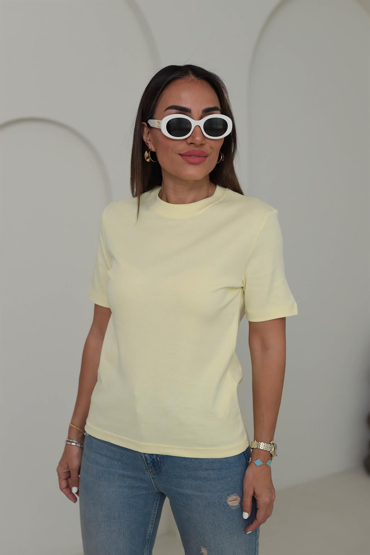1075 Bisiklet Yaka Pamuklu Basic Tshirt SARI