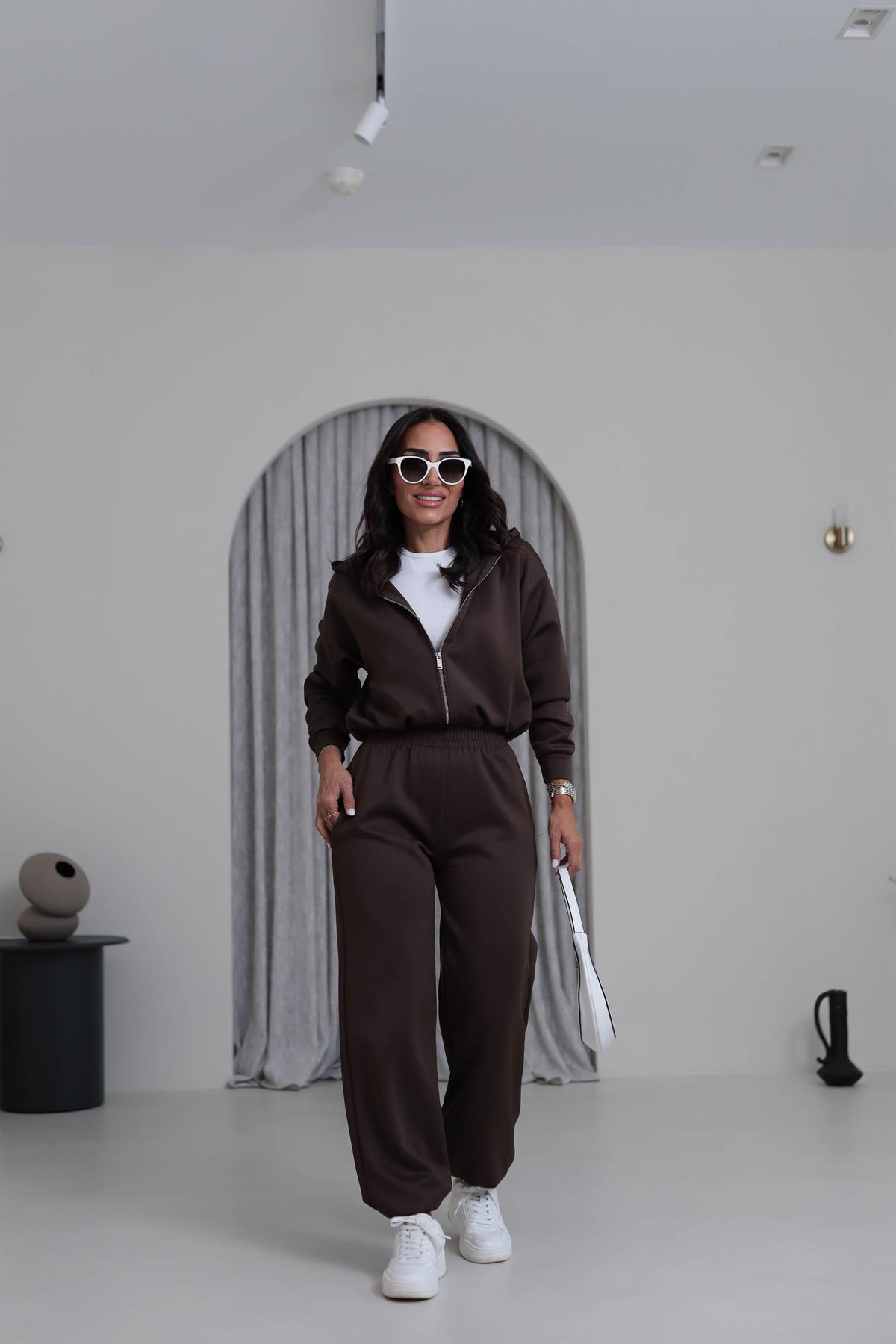 4202 Kapşonlu Büzgü Detay Scuba Takım KAHVE