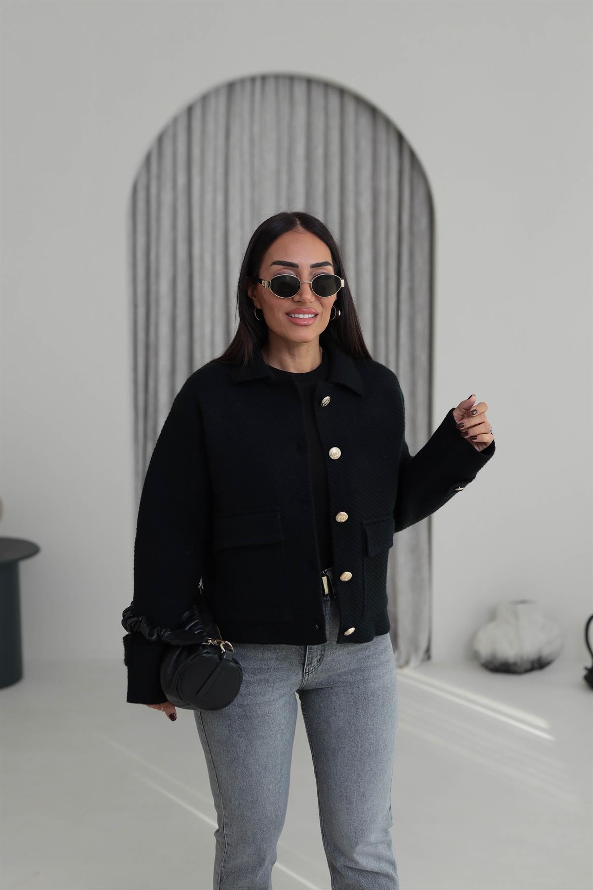 4204 Kalın Dokulu Gold Düğme Detaylı Ceket Hırka SİYAH