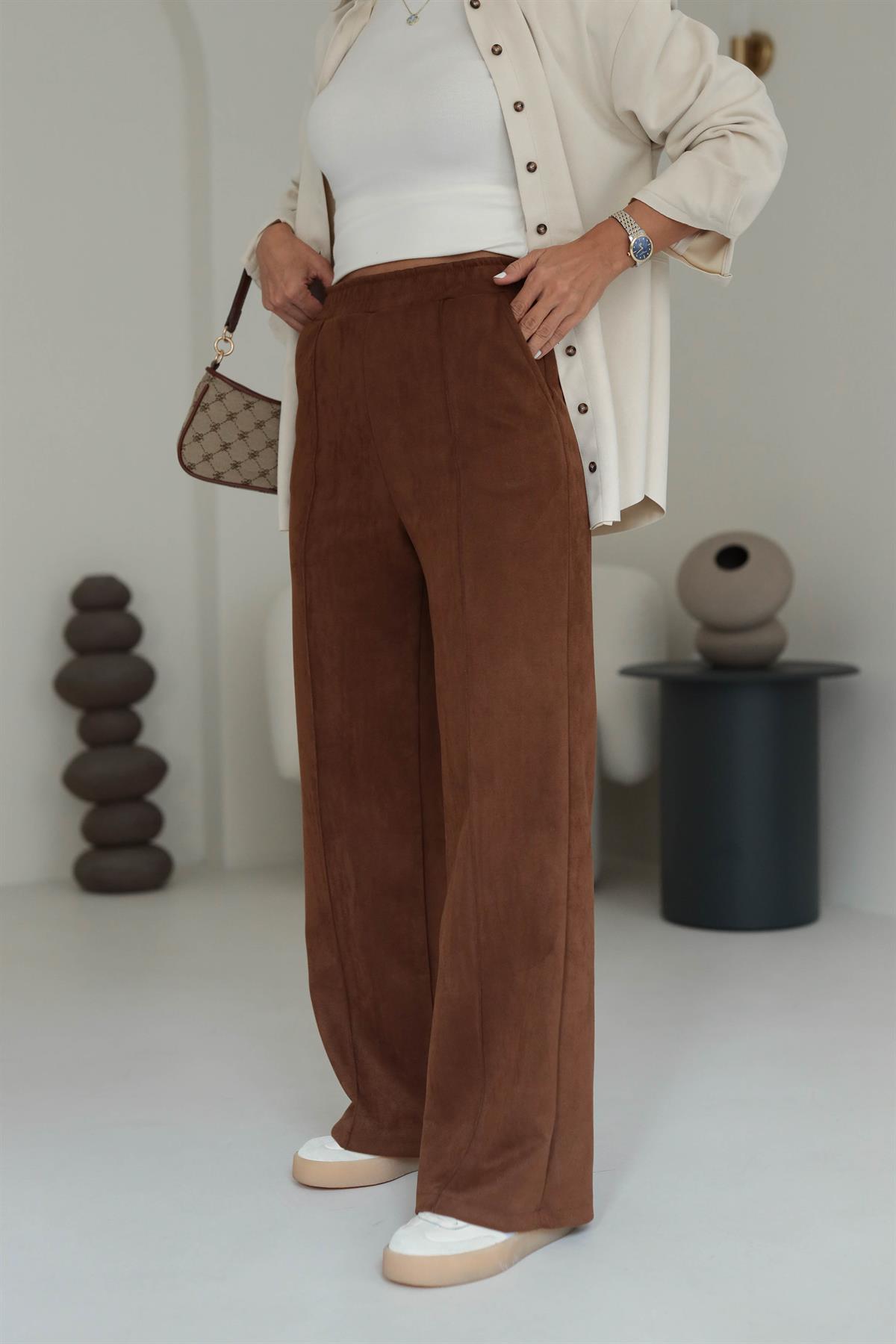 6632 Bel Lastikli Bol Nubuk Pantolon