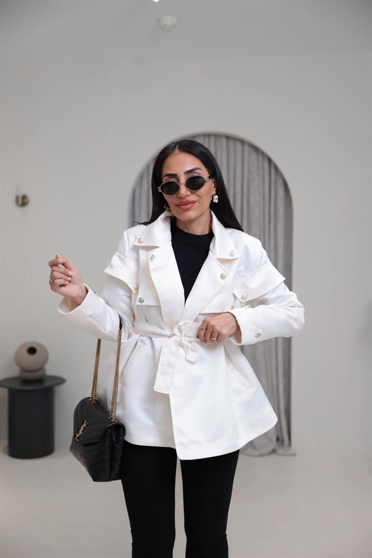 302 Gold Düğmeli Kuşaklı Saten Ceket EKRU