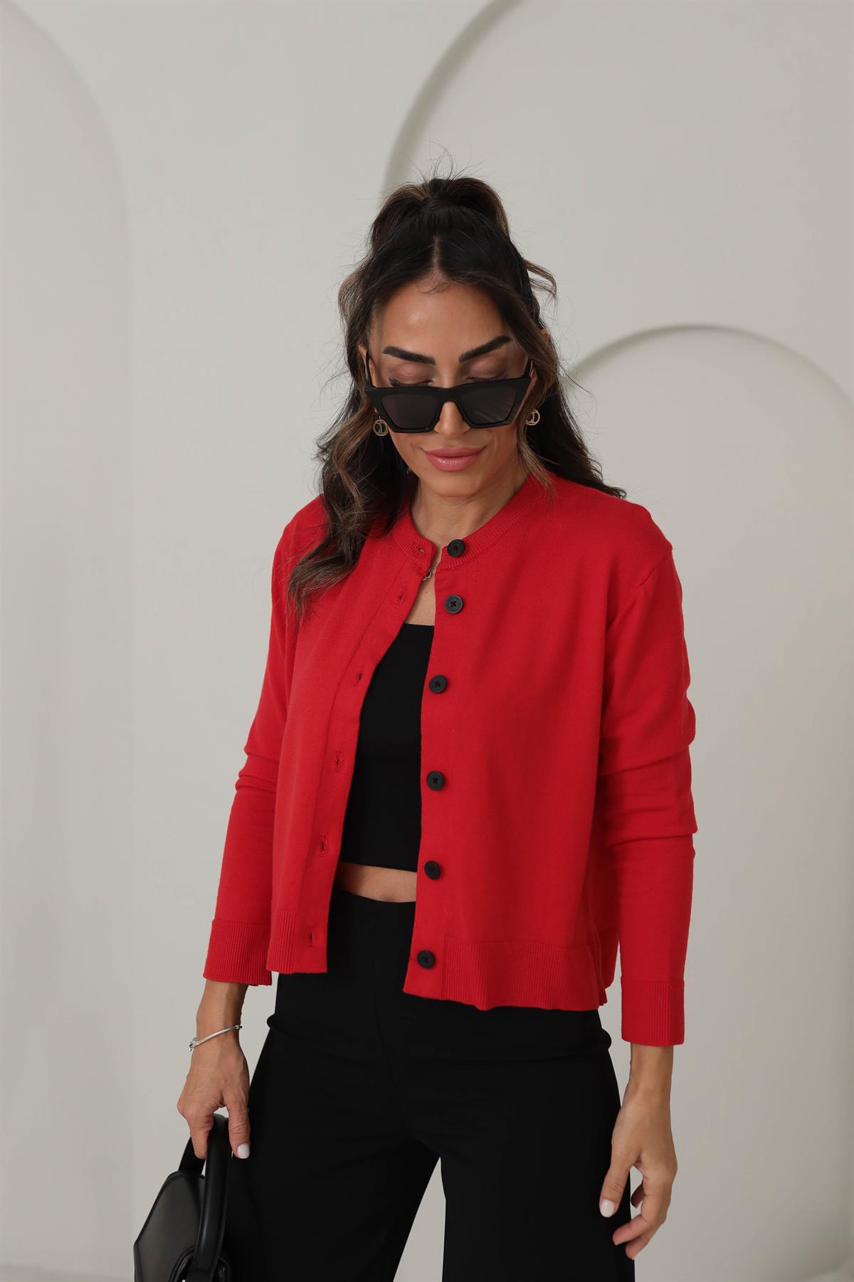 24058 Massi İpek Triko Düğmeli Hırka KIRMIZI