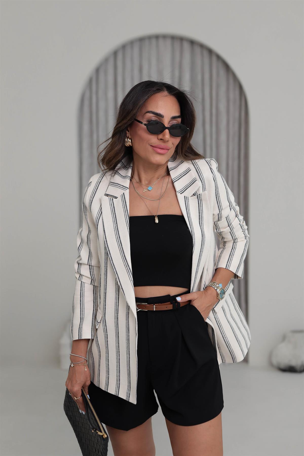 9424 Çizgili Keten Blazer Ceket SİYAH