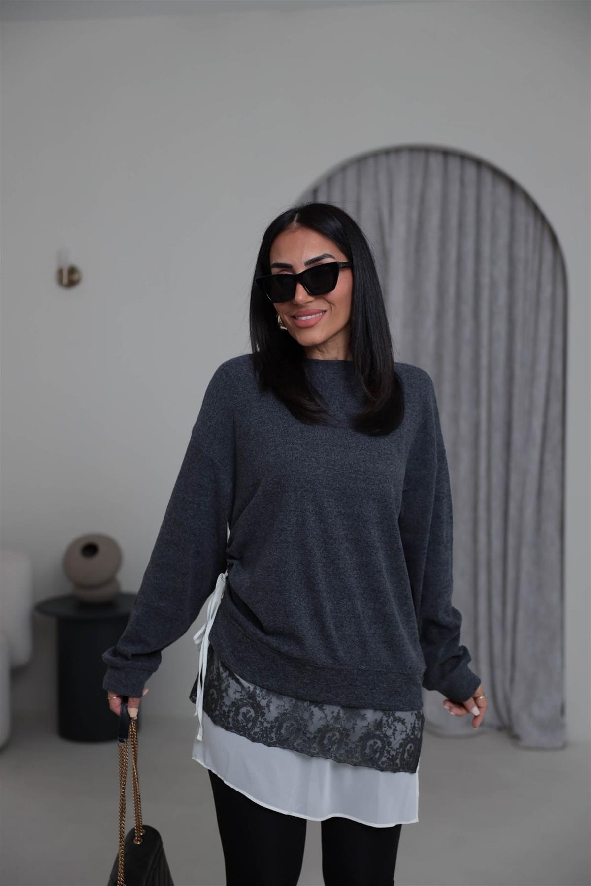 7273 Eteği Dantel Tunik Triko Bluz ANTRASİT