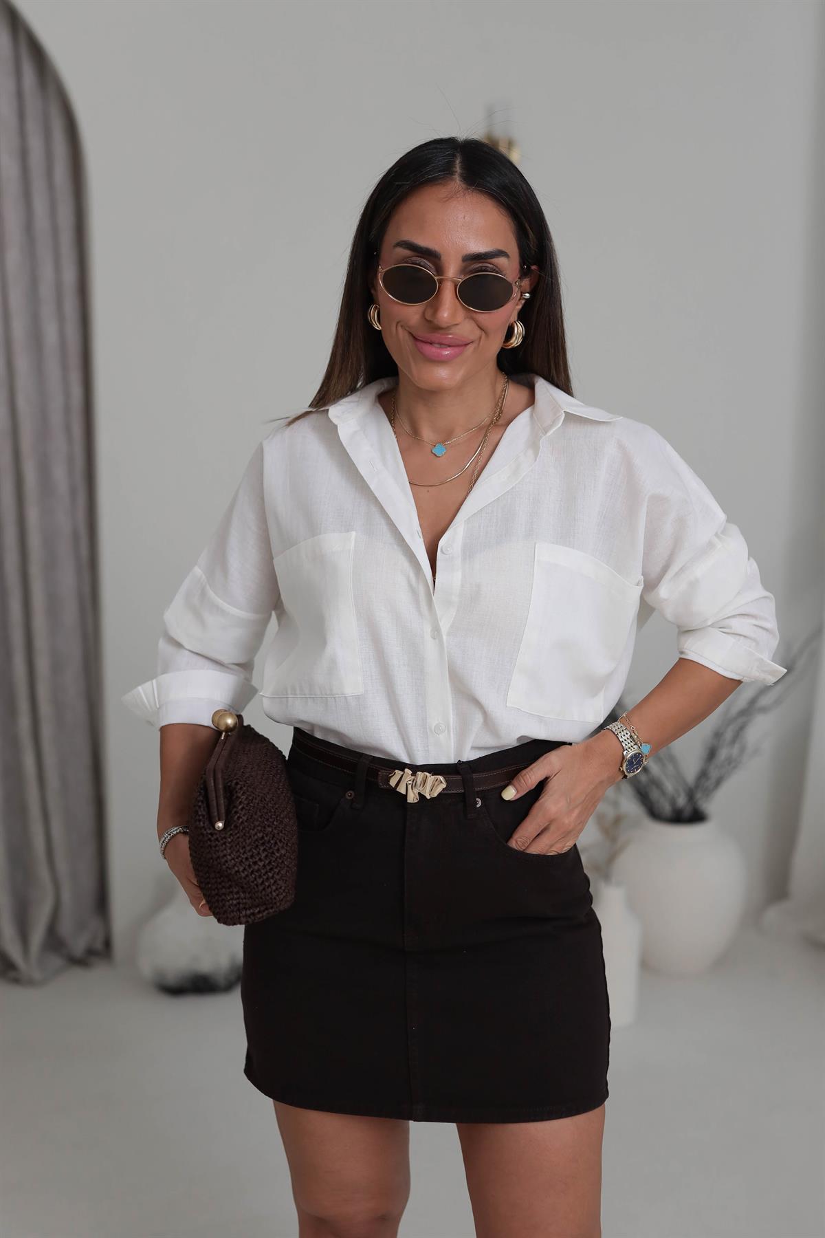 8057 Cep Detaylı Pamuklu Gömlek EKRU