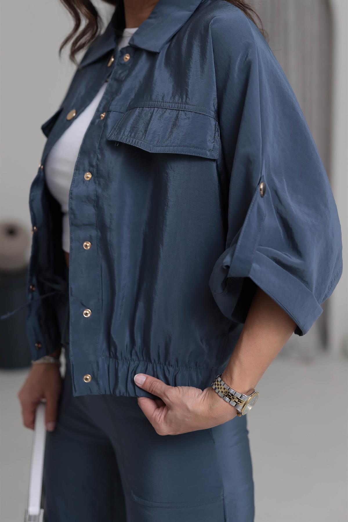 7013 Gold Düğme Detaylı Mevsimlik Ceket Indigo