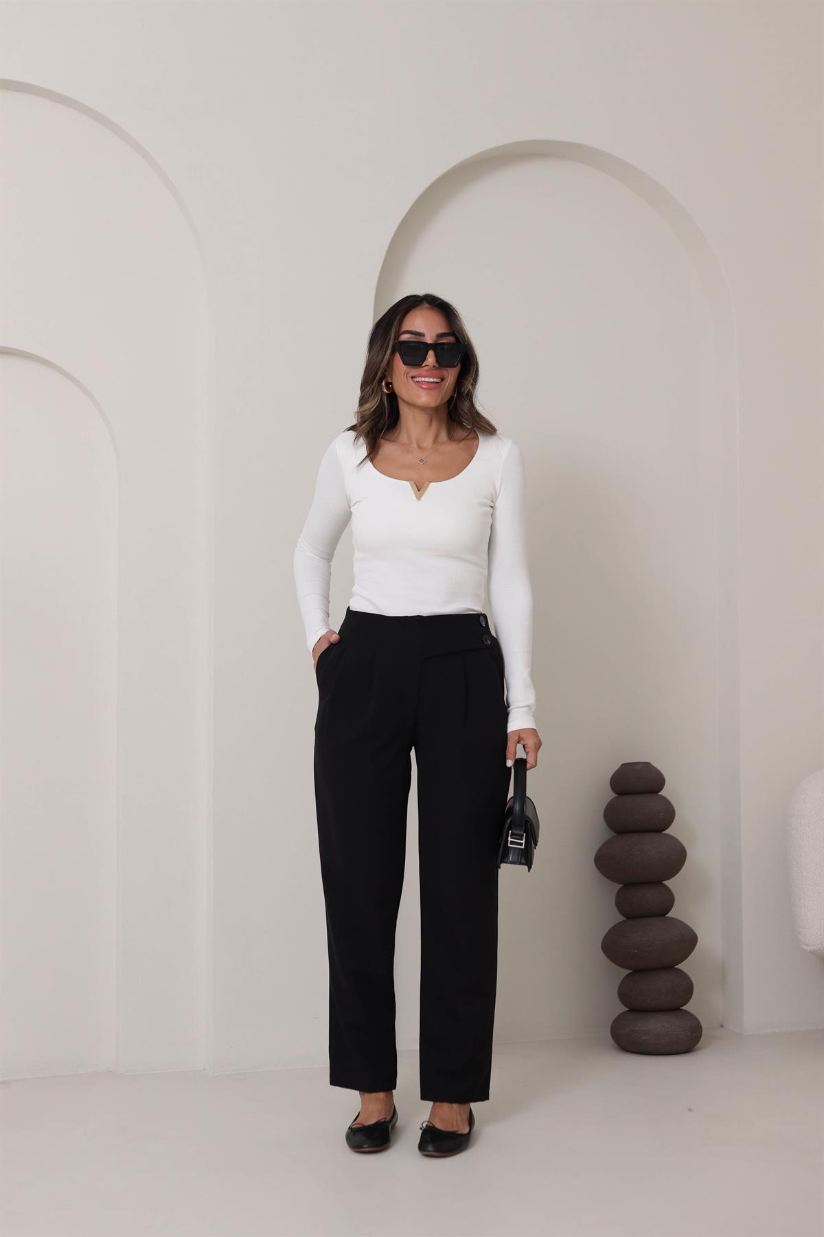 8356 Arka Bel Lastikli Düğme Detaylı Pantolon