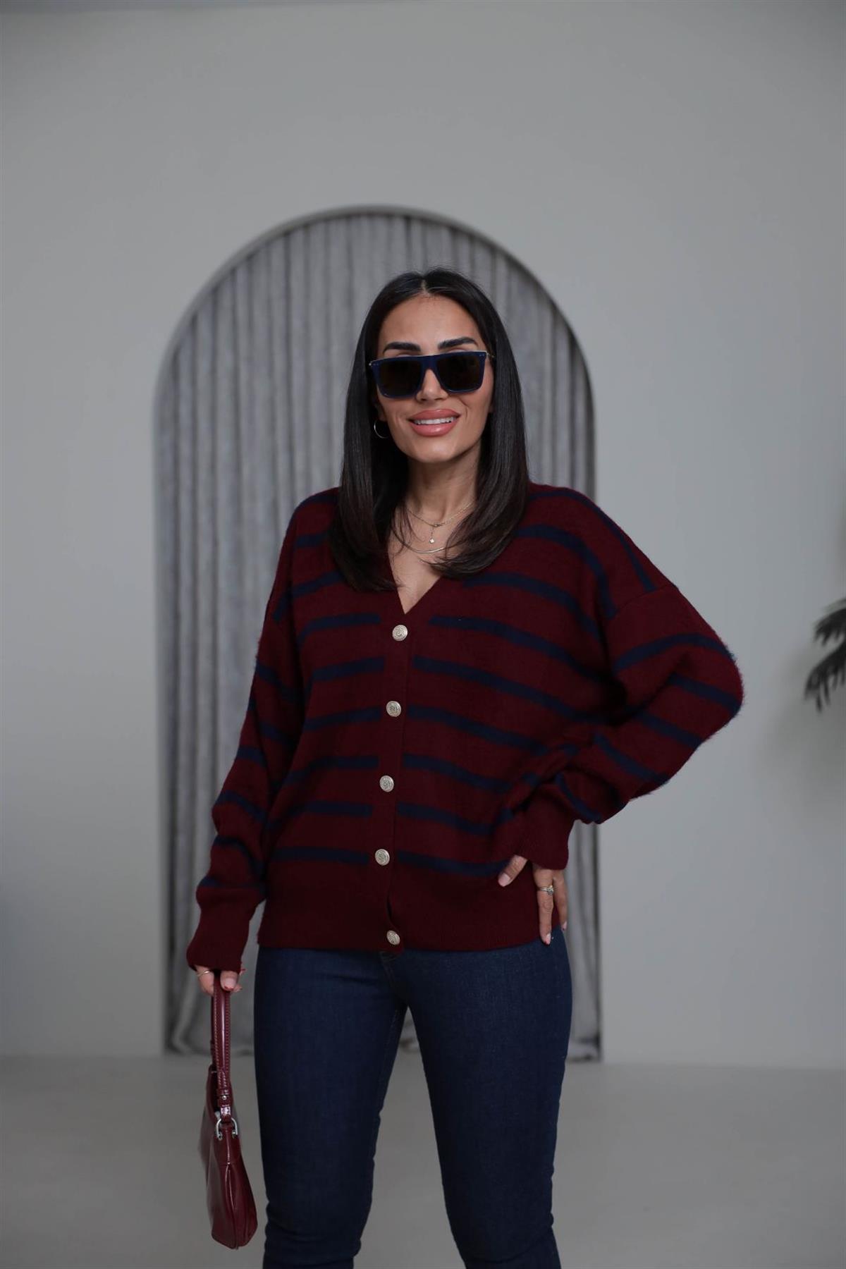 2462 Gold Düğmeli Çizgili V Yaka Triko Hırka BORDO-LACİ