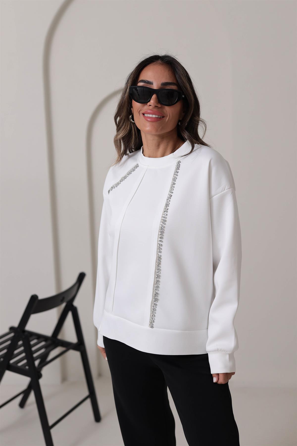 5368 Taş İşlemeli Scuba Kumaş Sweatshirt