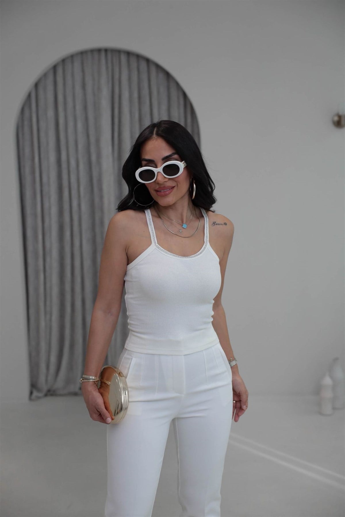 4798 Pamuklu Yakası Taşlı Atlet EKRU