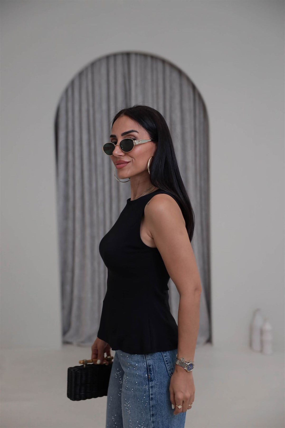 1919 Bisiklet Yaka Peplum Bluz SİYAH