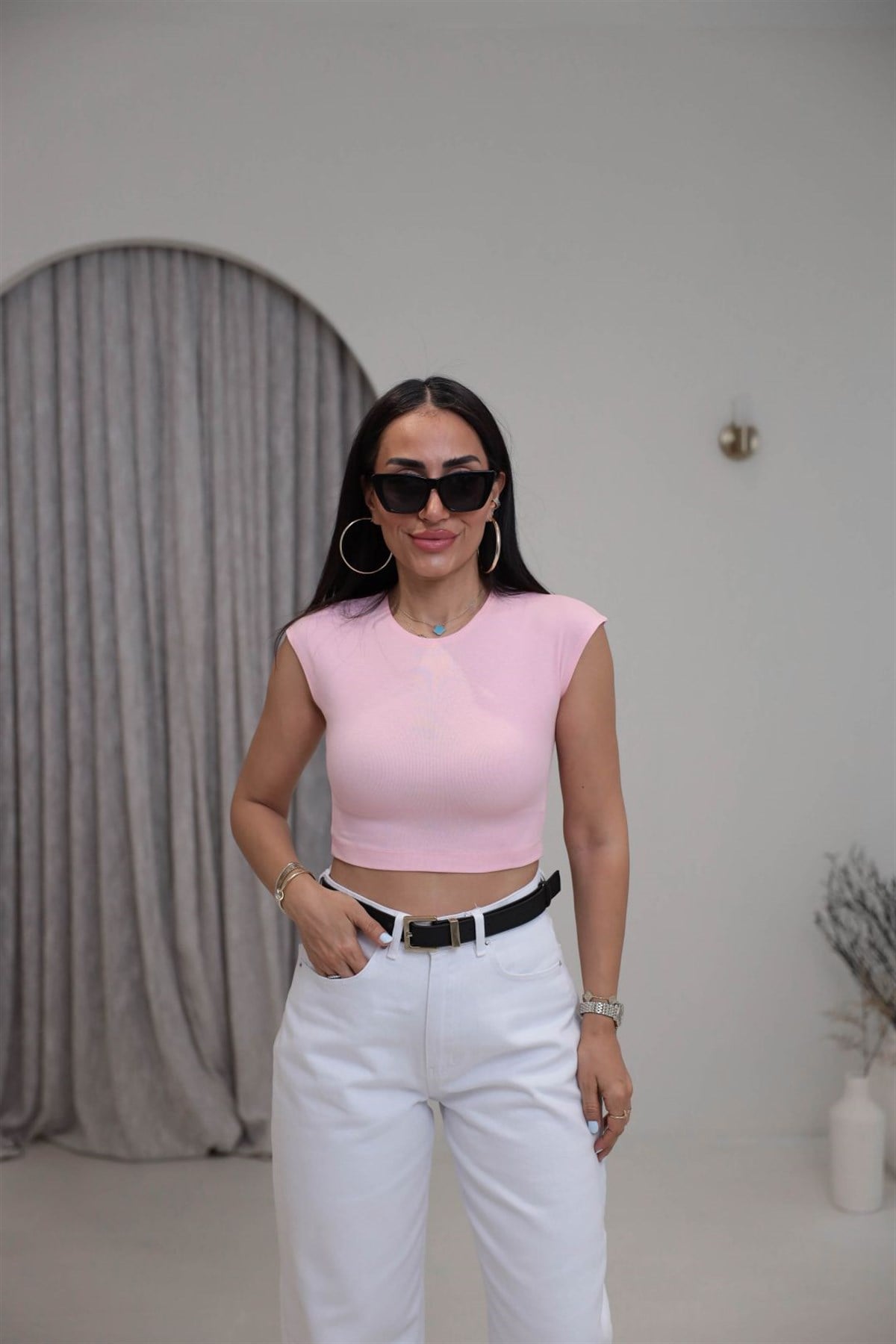 0528 Pamuk ve Modal Karışımlı Crop Top PEMBE
