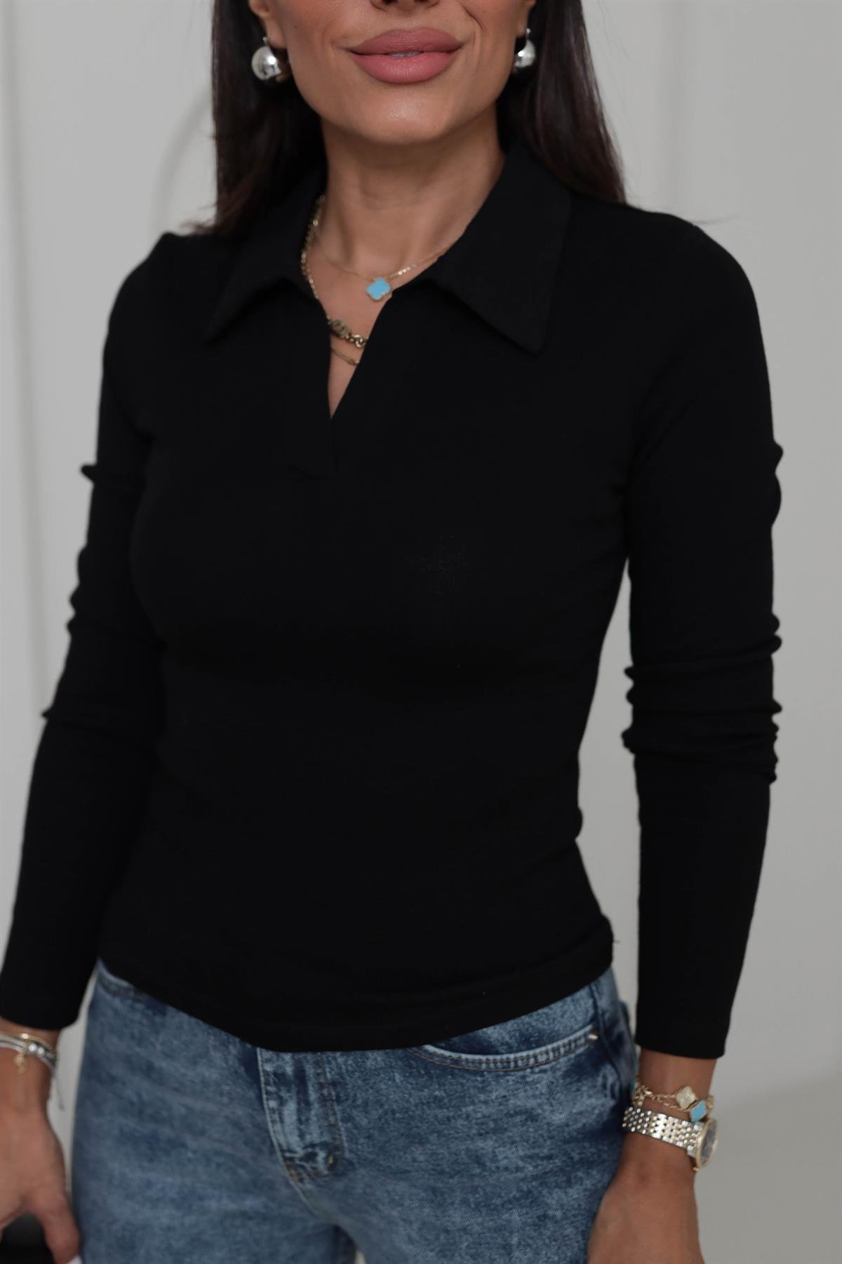 0626 Polo Yaka Uzun Kol Likralı Bluz SİYAH