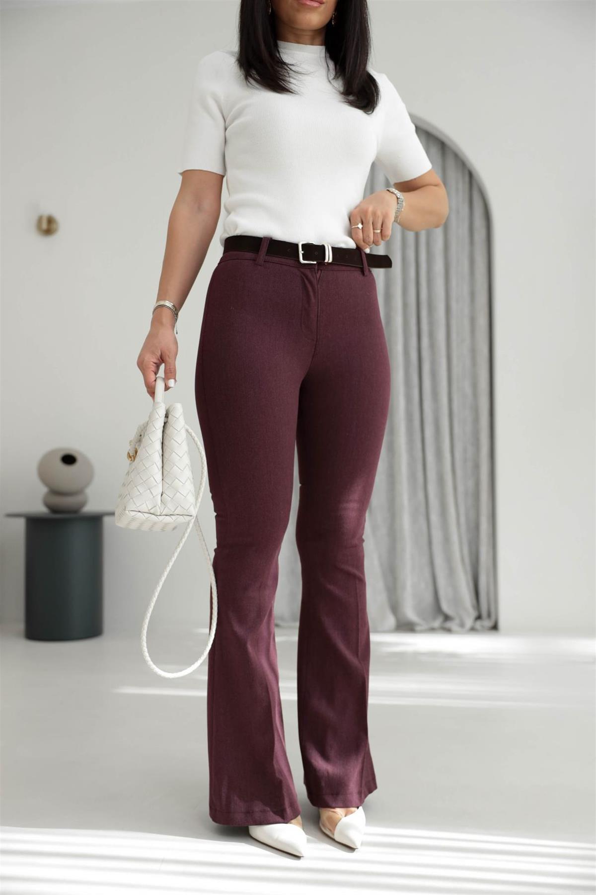 7142 Likralı Kemerli Gabardin İspanyol Pantolon BORDO