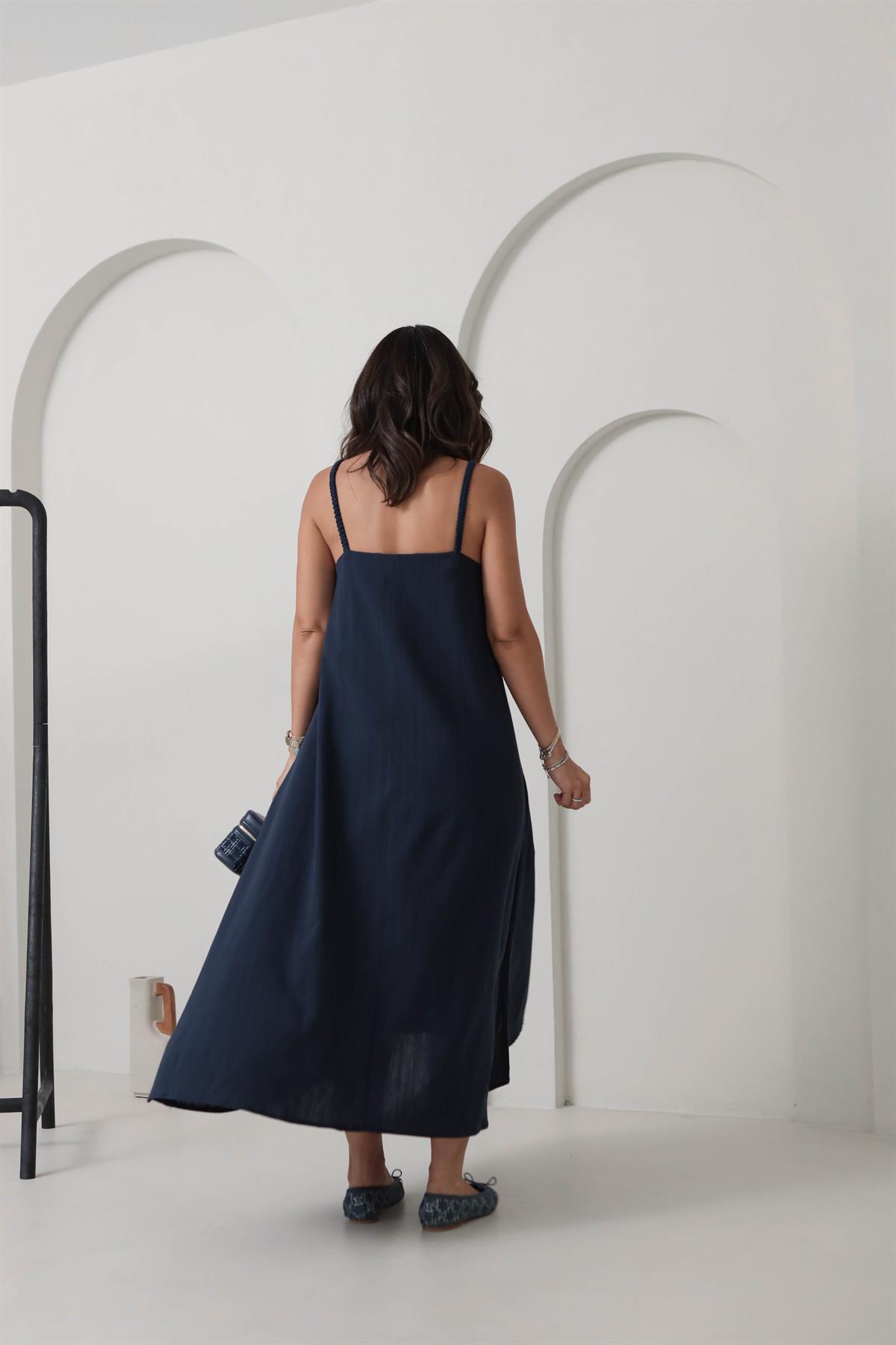 DXB Hasır Örgü Askılı Keten Elbise LACİVERT