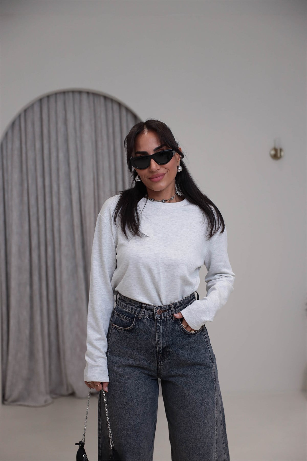 1448 Bisiklet Yaka uzun Kollu Oversize Tshirt GRİ