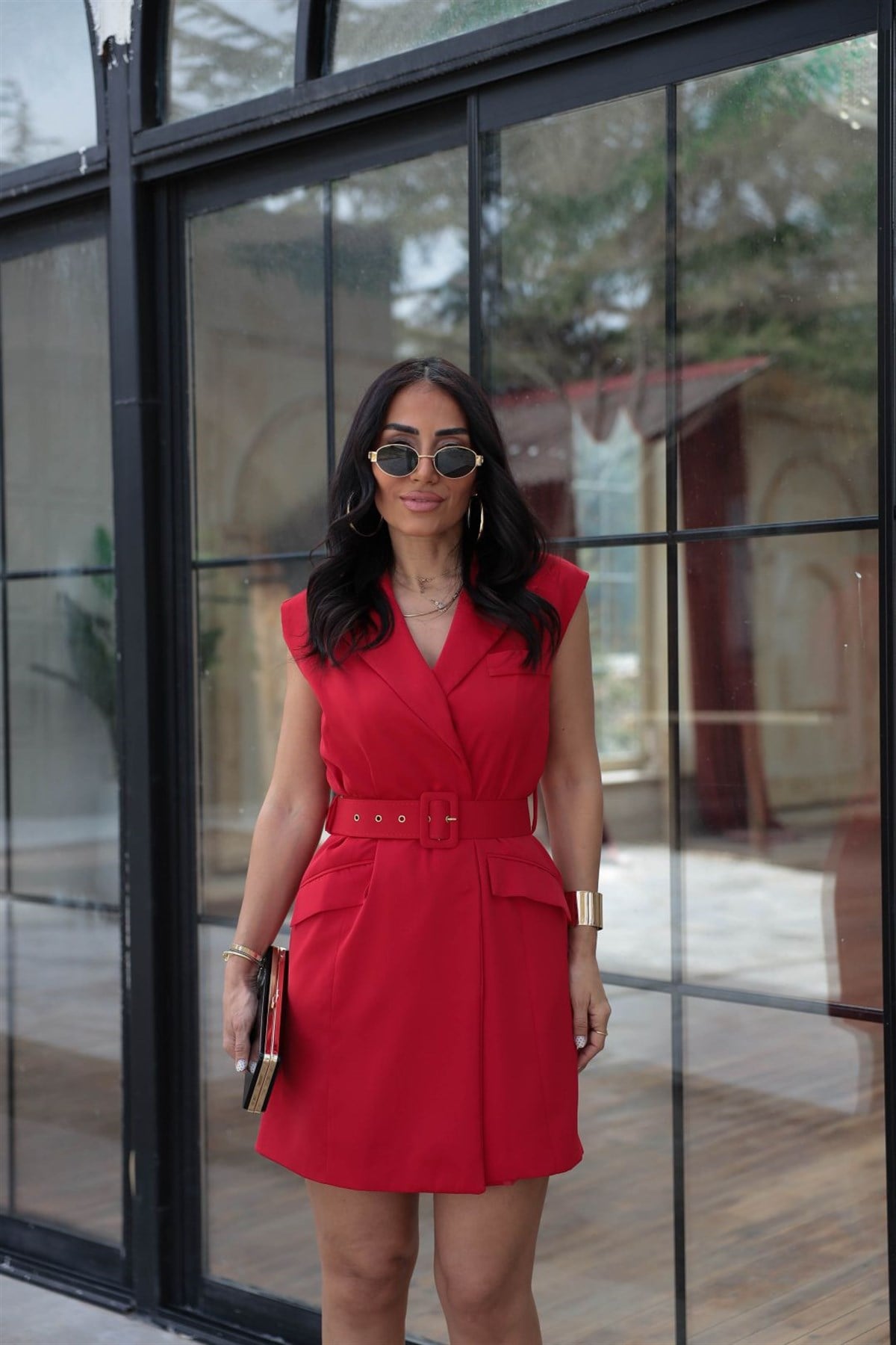 7281 Beli Kemerli Mini Elbise KIRMIZI