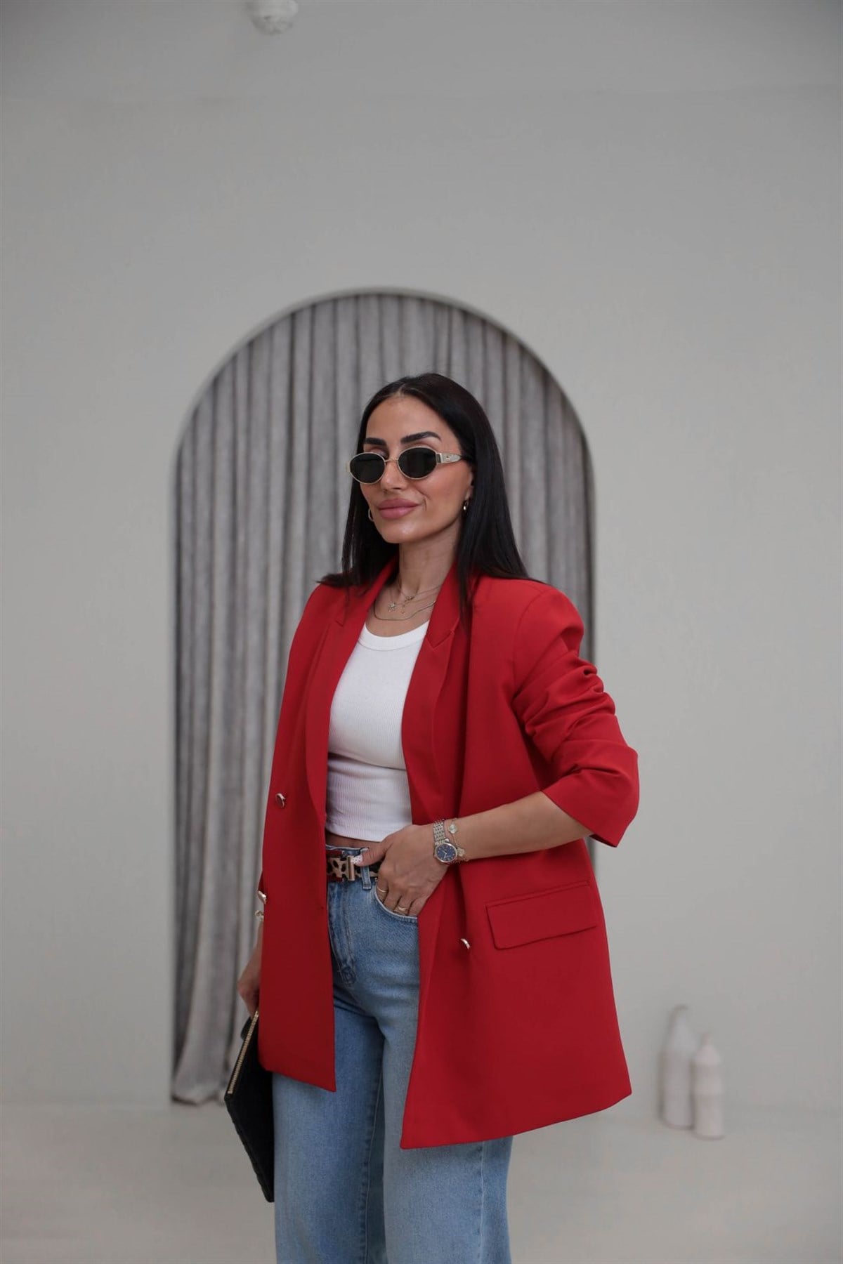 4512 Vatkalı Çift Düğme Detaylı Blazer Ceket KIRMIZI